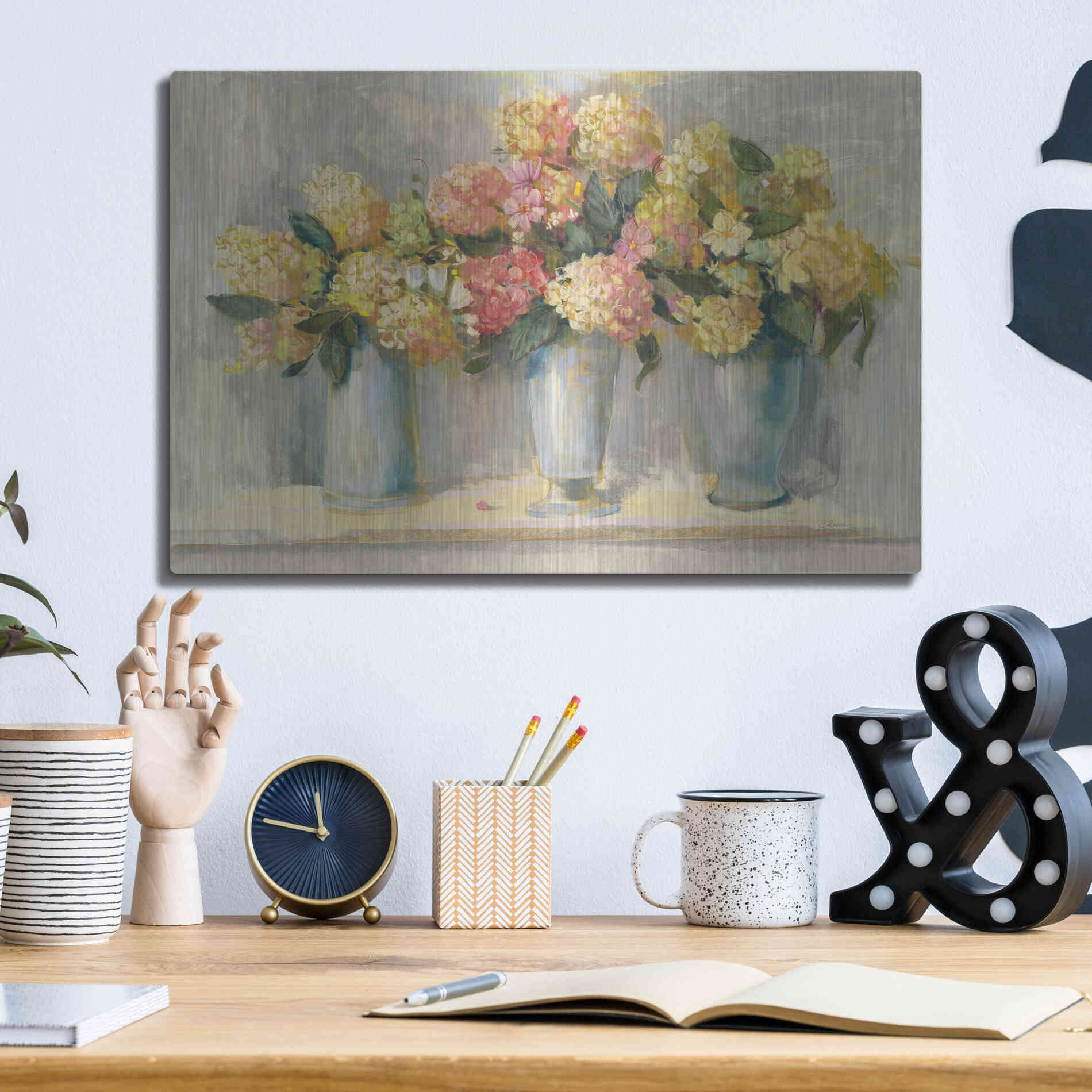 Luxe Metal Art 'IVory And Blush Hydrangea Bouquets' by Carol Rowan, Metal Wall Art,16x12