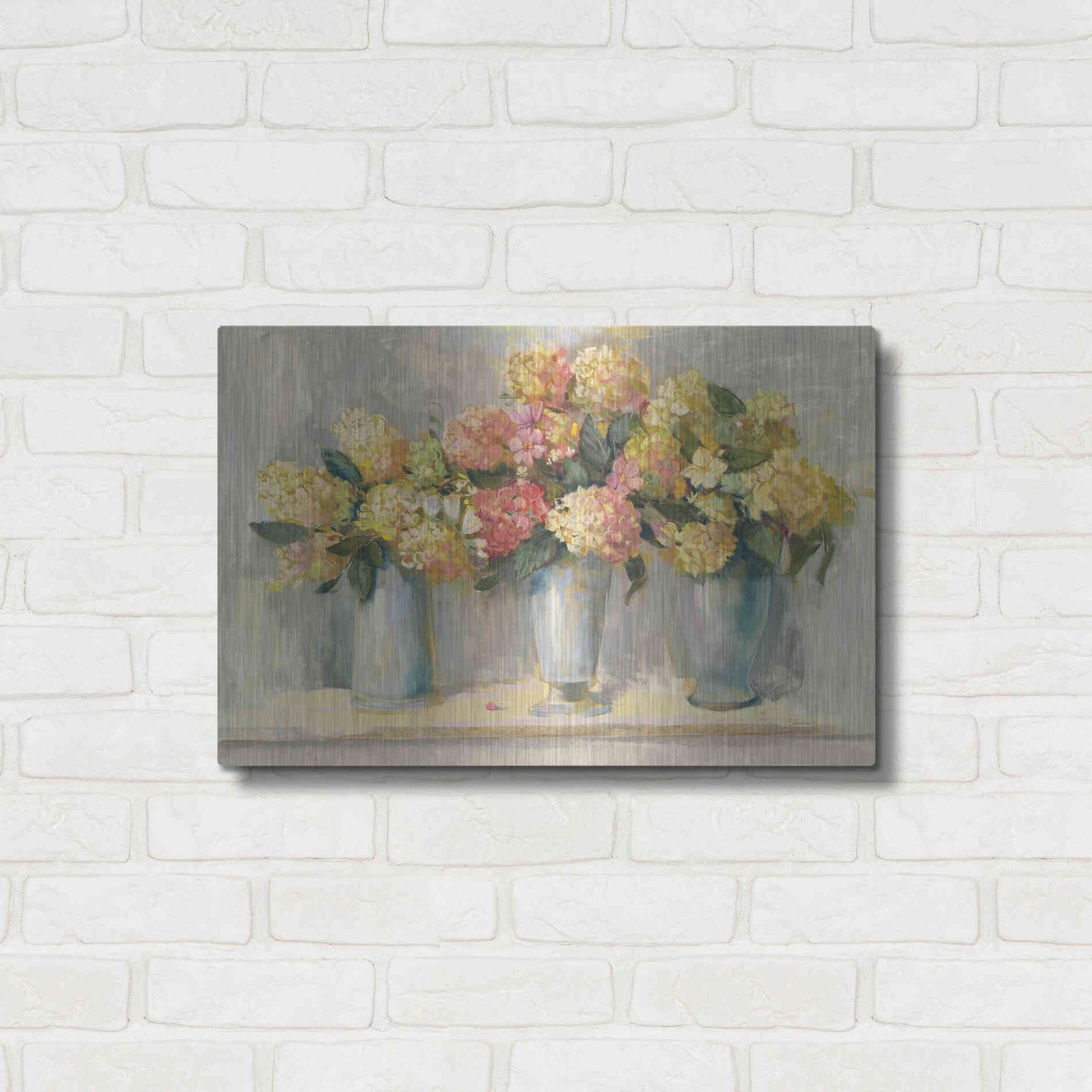 Luxe Metal Art 'IVory And Blush Hydrangea Bouquets' by Carol Rowan, Metal Wall Art,24x16