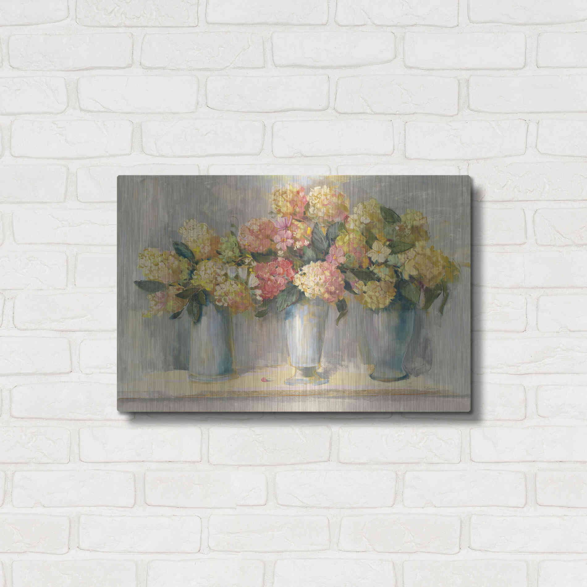 Luxe Metal Art 'IVory And Blush Hydrangea Bouquets' by Carol Rowan, Metal Wall Art,24x16