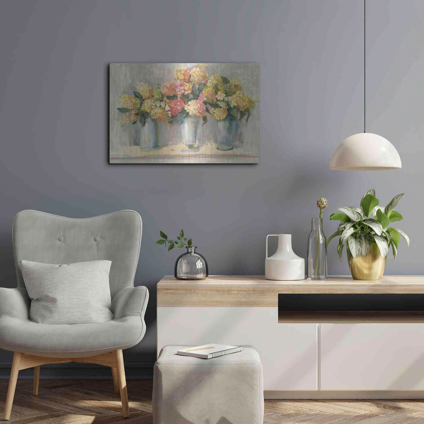 Luxe Metal Art 'IVory And Blush Hydrangea Bouquets' by Carol Rowan, Metal Wall Art,24x16