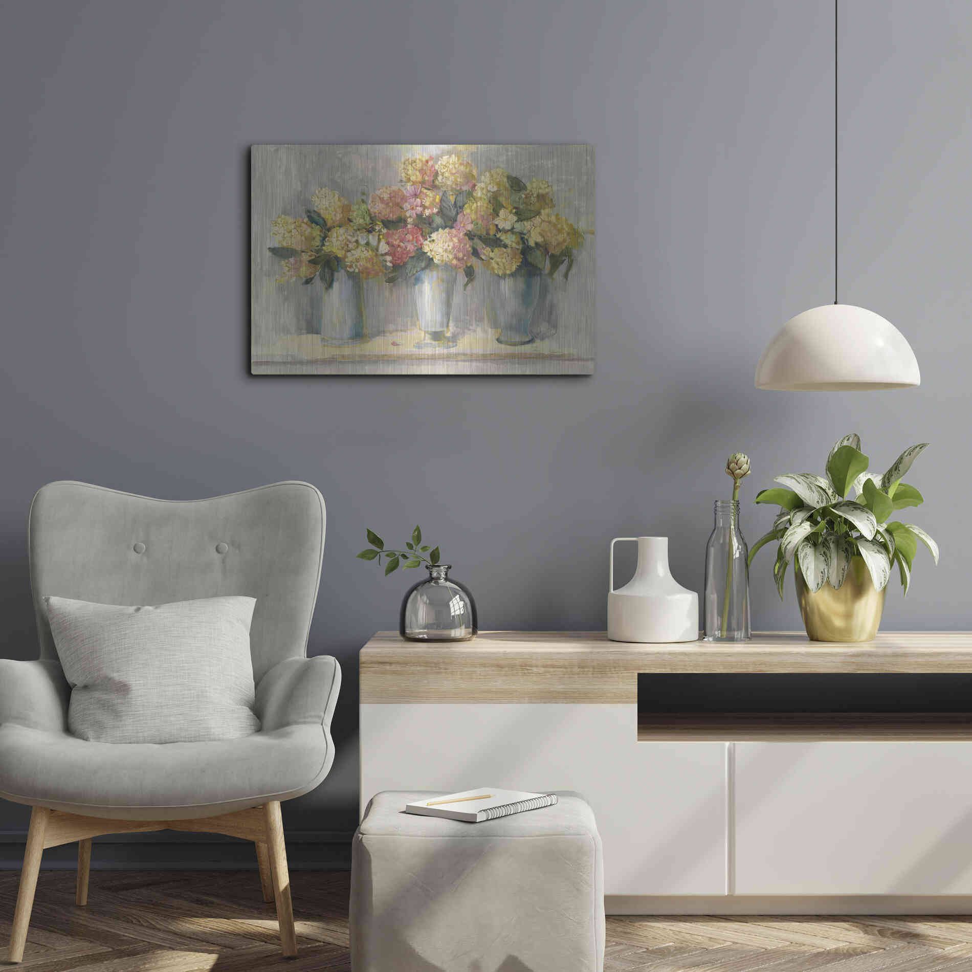 Luxe Metal Art 'IVory And Blush Hydrangea Bouquets' by Carol Rowan, Metal Wall Art,24x16