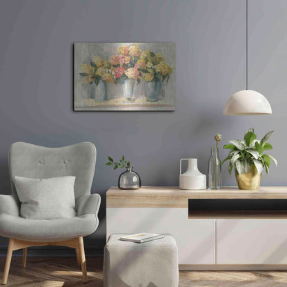 Luxe Metal Art 'IVory And Blush Hydrangea Bouquets' by Carol Rowan, Metal Wall Art,24x16