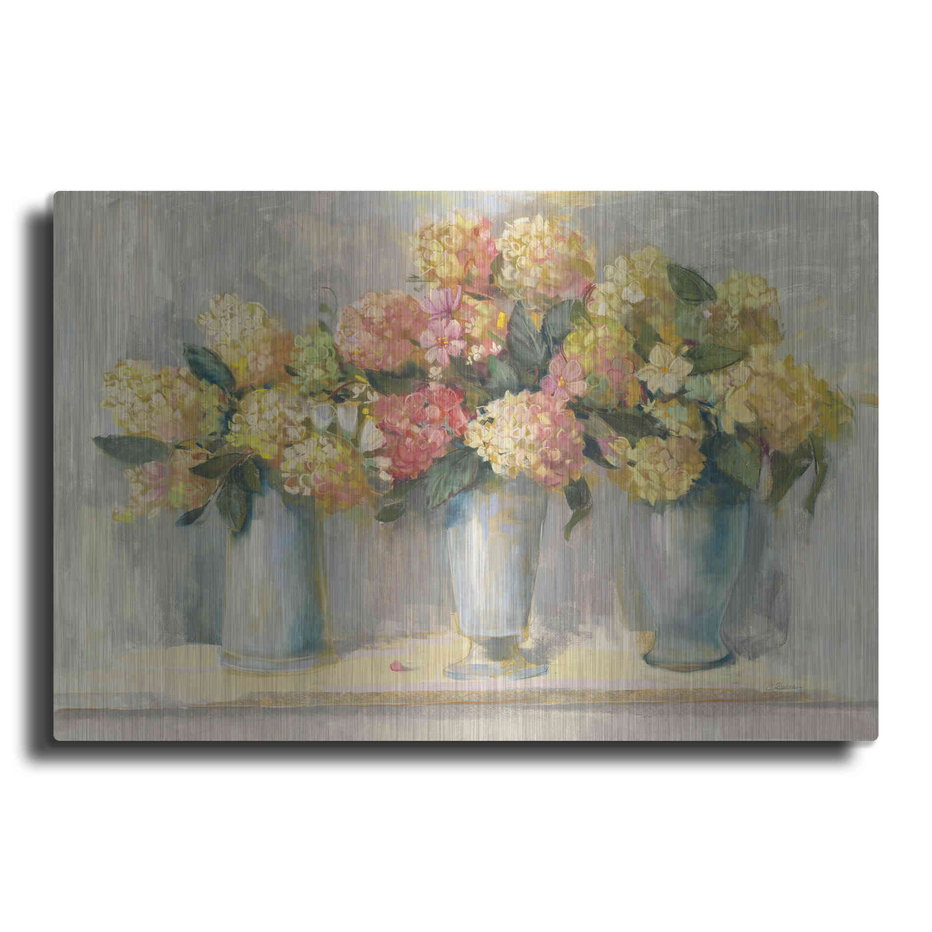 Luxe Metal Art 'IVory And Blush Hydrangea Bouquets' by Carol Rowan, Metal Wall Art