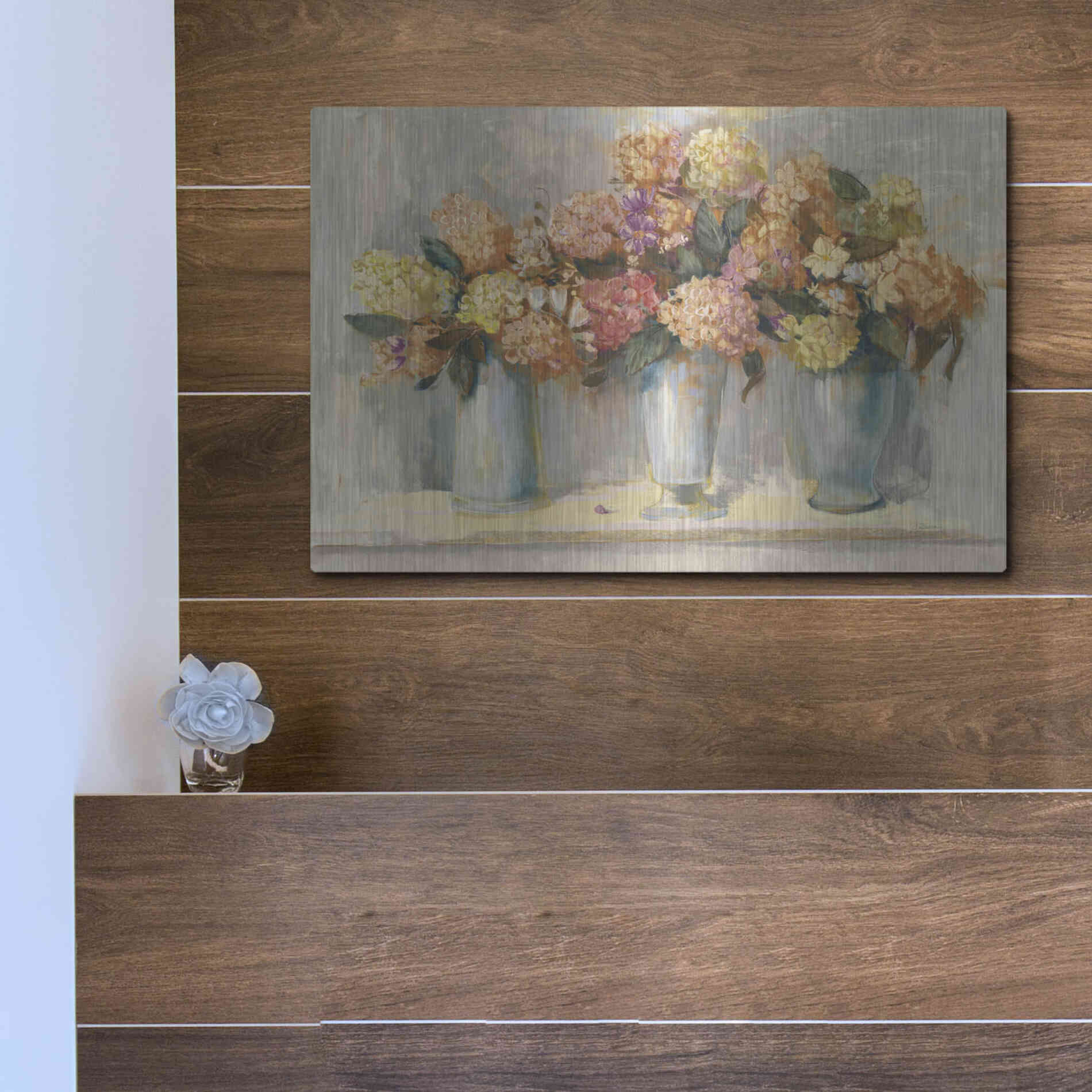 Luxe Metal Art 'Fall Hydrangea Bouquets' by Carol Rowan, Metal Wall Art,16x12