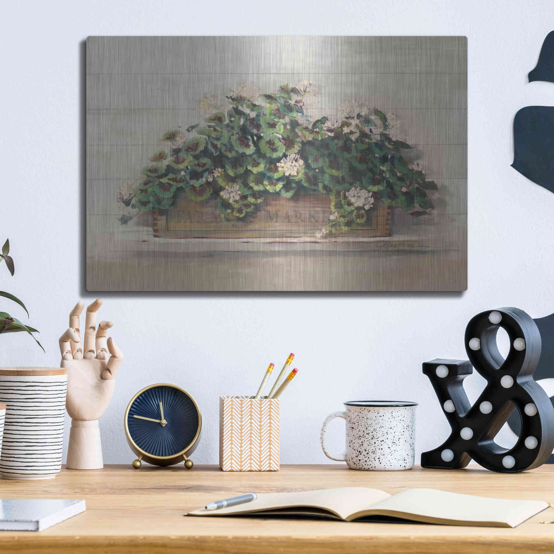 Luxe Metal Art 'Market Geraniums Farmers Market Crop' by Carol Rowan, Metal Wall Art,16x12