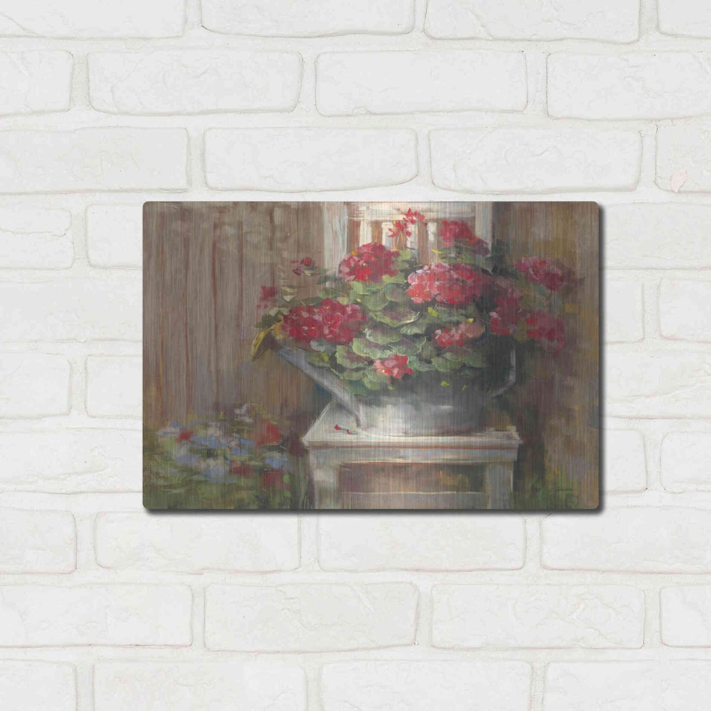Luxe Metal Art 'Geraniums On Chair' by Carol Rowan, Metal Wall Art,16x12