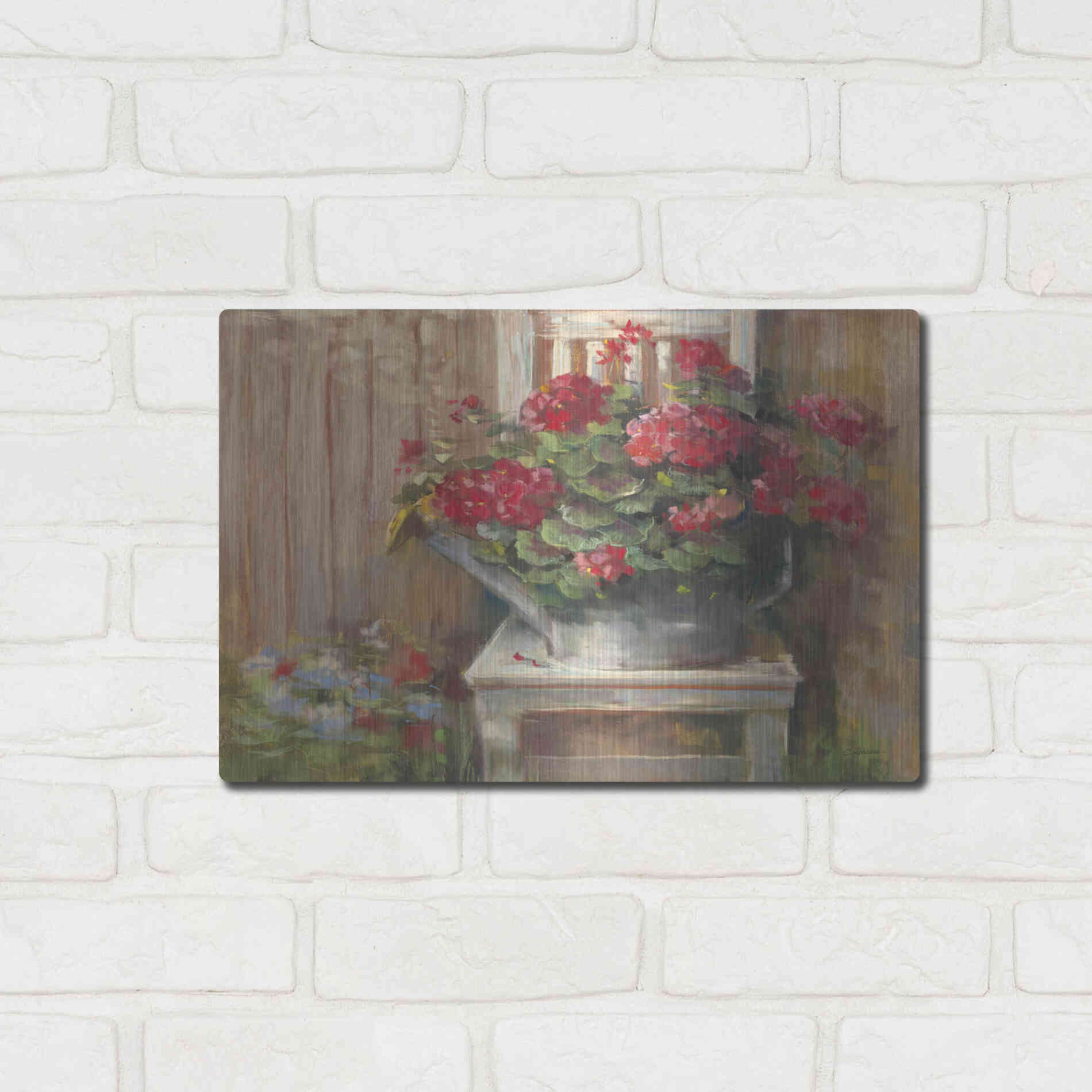 Luxe Metal Art 'Geraniums On Chair' by Carol Rowan, Metal Wall Art,16x12