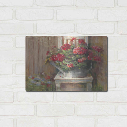 Luxe Metal Art 'Geraniums On Chair' by Carol Rowan, Metal Wall Art,16x12