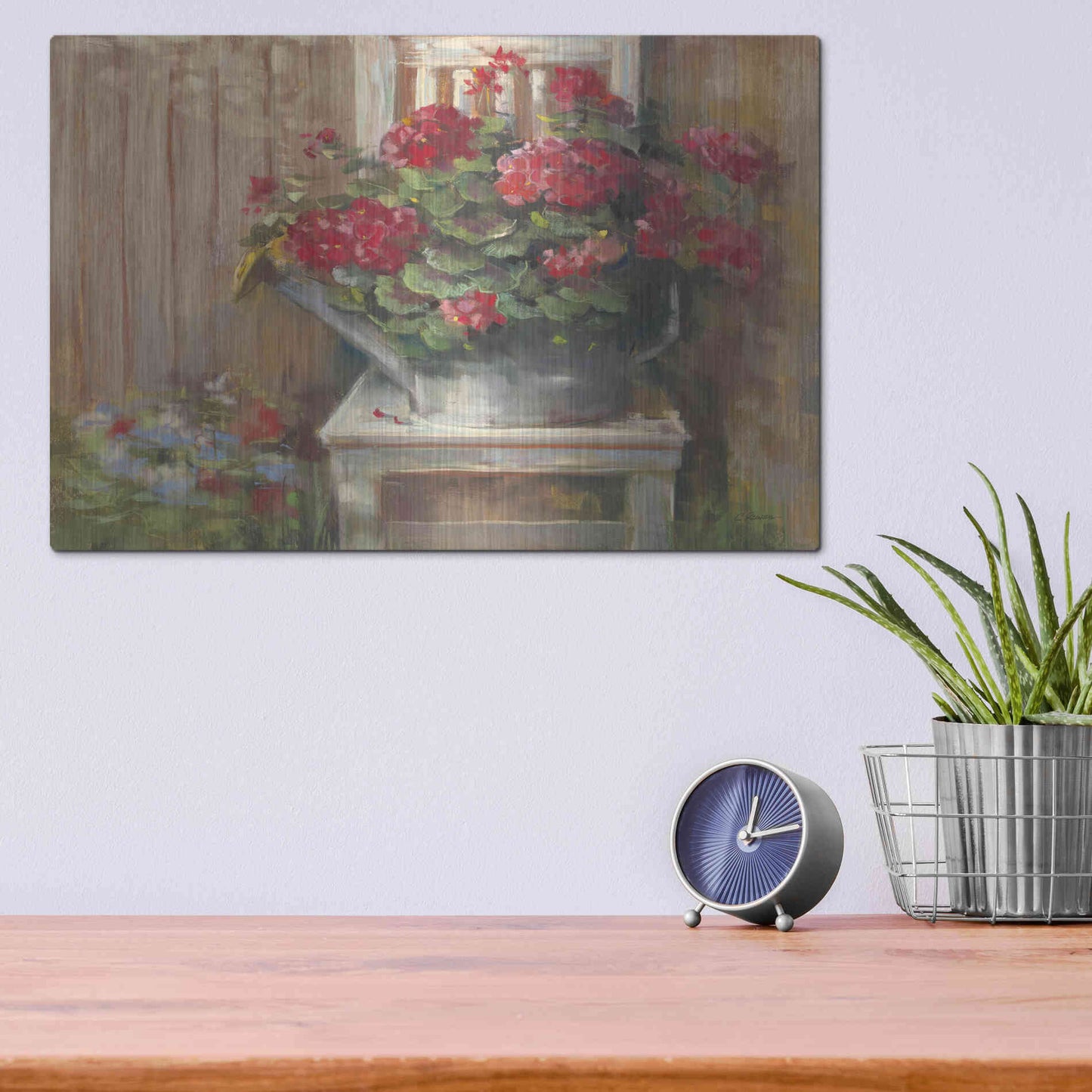 Luxe Metal Art 'Geraniums On Chair' by Carol Rowan, Metal Wall Art,16x12