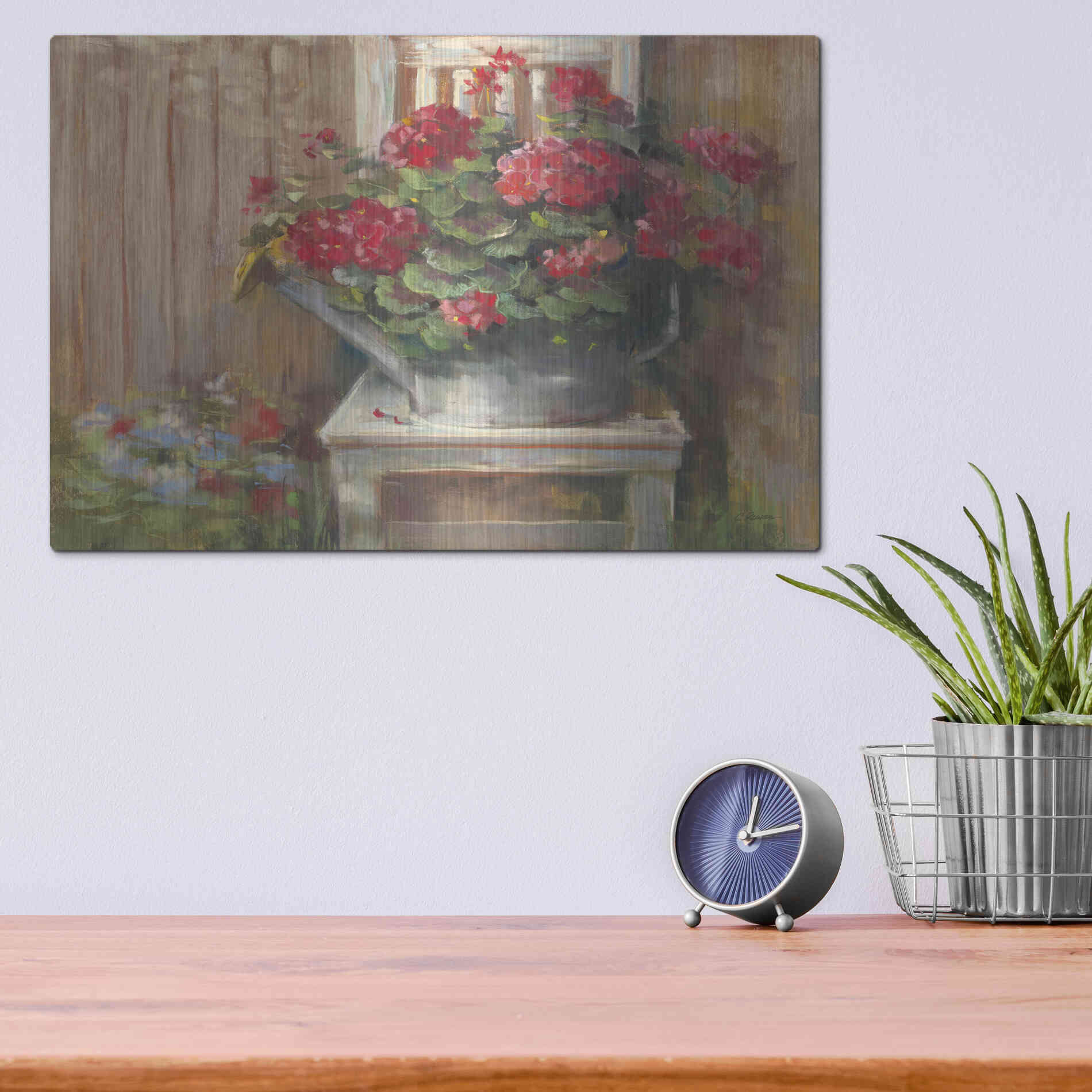 Luxe Metal Art 'Geraniums On Chair' by Carol Rowan, Metal Wall Art,16x12