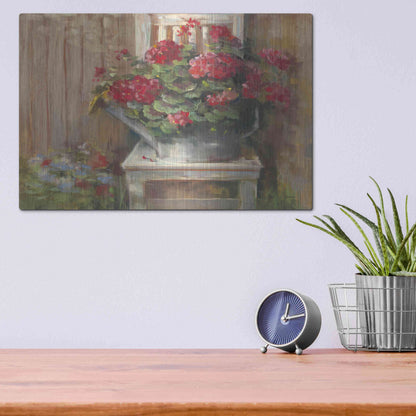 Luxe Metal Art 'Geraniums On Chair' by Carol Rowan, Metal Wall Art,16x12