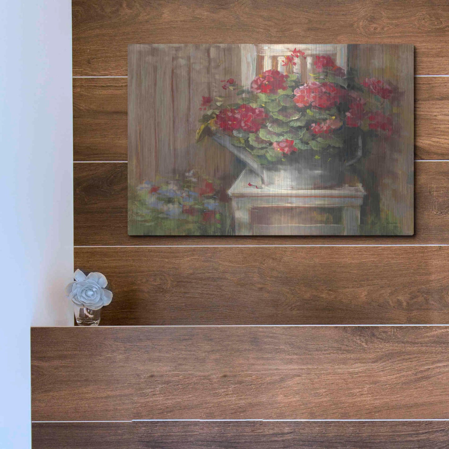 Luxe Metal Art 'Geraniums On Chair' by Carol Rowan, Metal Wall Art,16x12