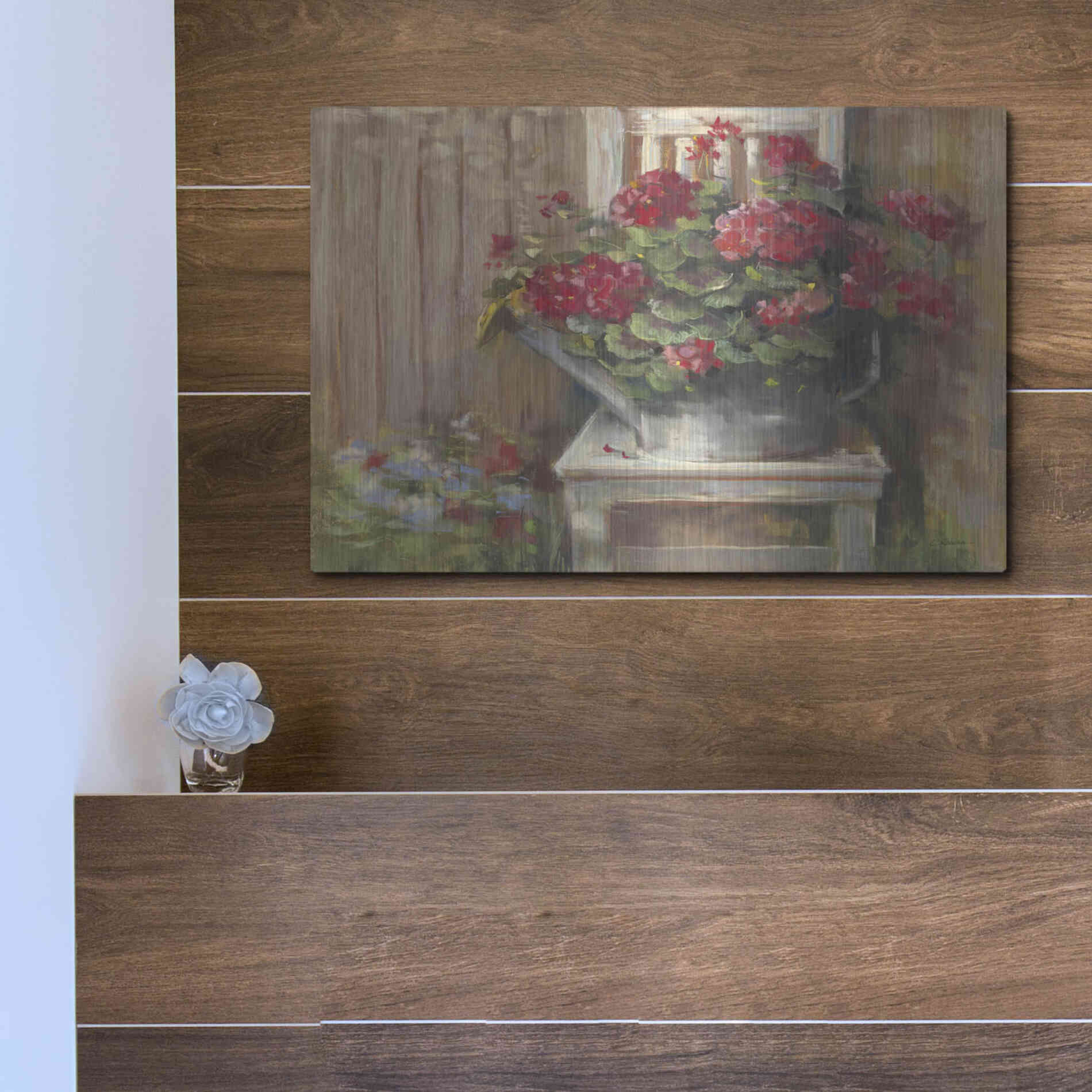 Luxe Metal Art 'Geraniums On Chair' by Carol Rowan, Metal Wall Art,16x12