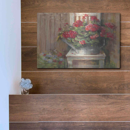 Luxe Metal Art 'Geraniums On Chair' by Carol Rowan, Metal Wall Art,16x12