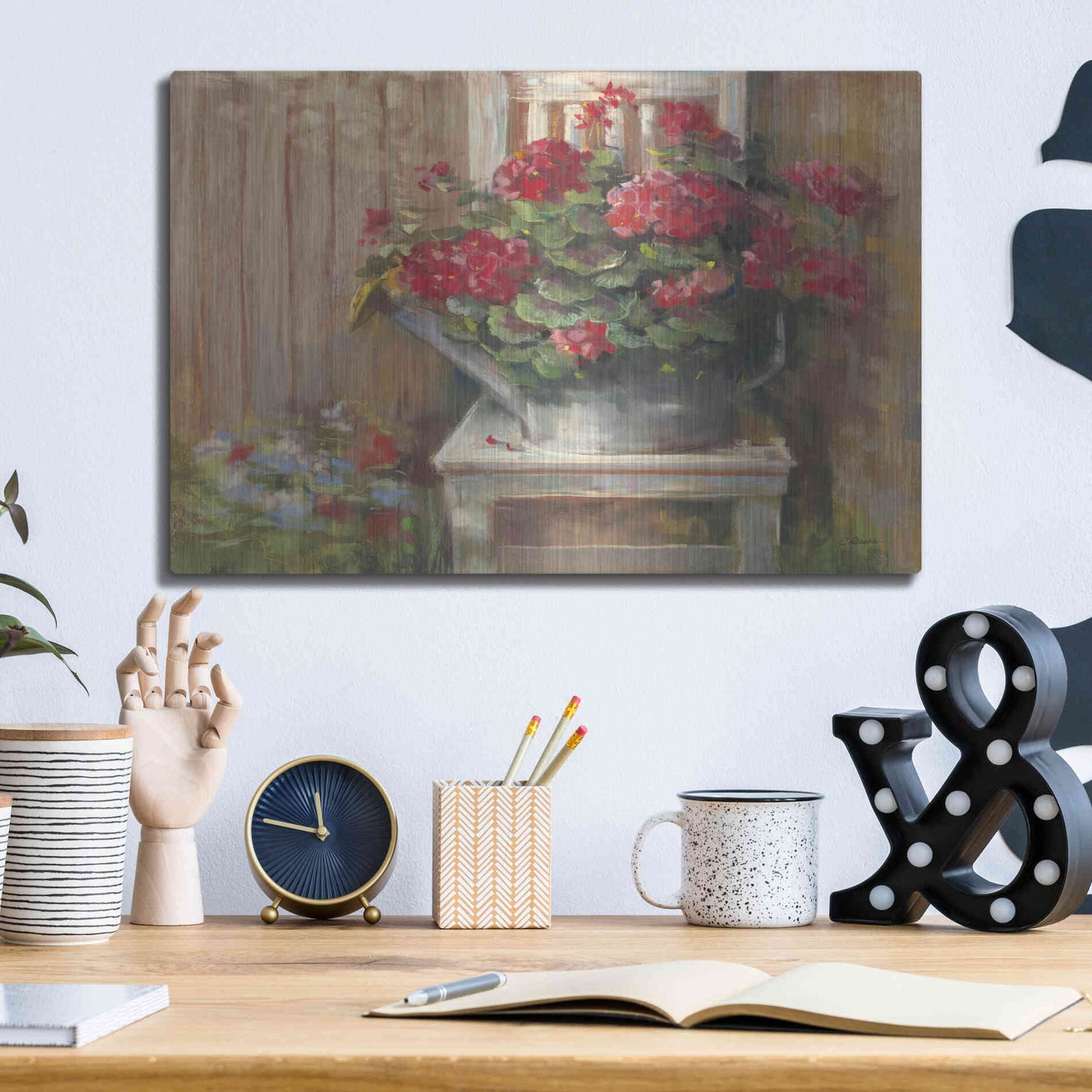 Luxe Metal Art 'Geraniums On Chair' by Carol Rowan, Metal Wall Art,16x12