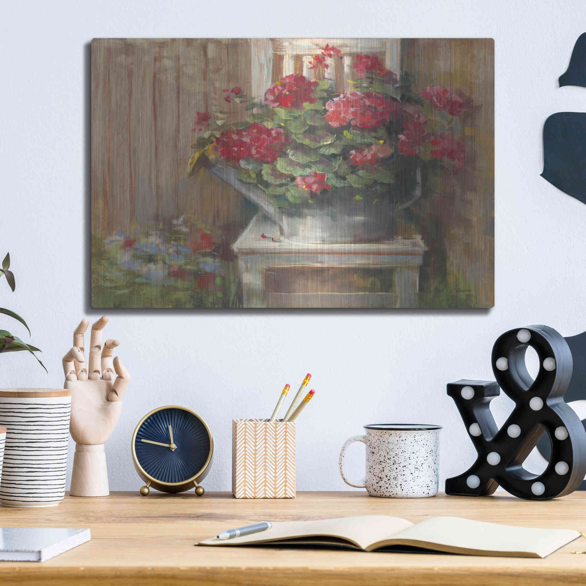 Luxe Metal Art 'Geraniums On Chair' by Carol Rowan, Metal Wall Art,16x12