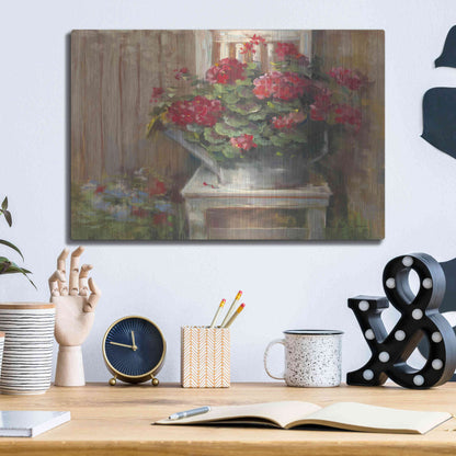 Luxe Metal Art 'Geraniums On Chair' by Carol Rowan, Metal Wall Art,16x12
