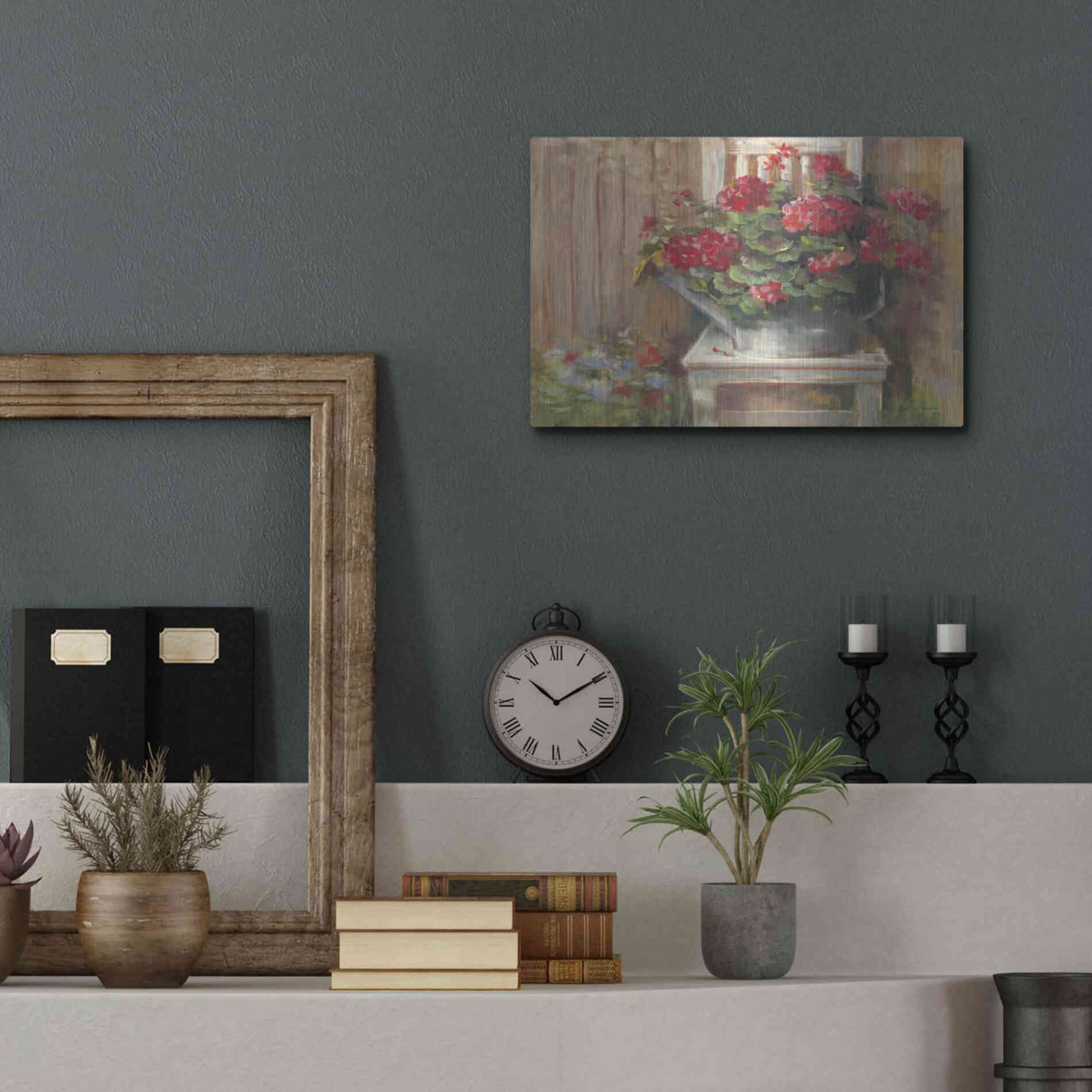 Luxe Metal Art 'Geraniums On Chair' by Carol Rowan, Metal Wall Art,16x12