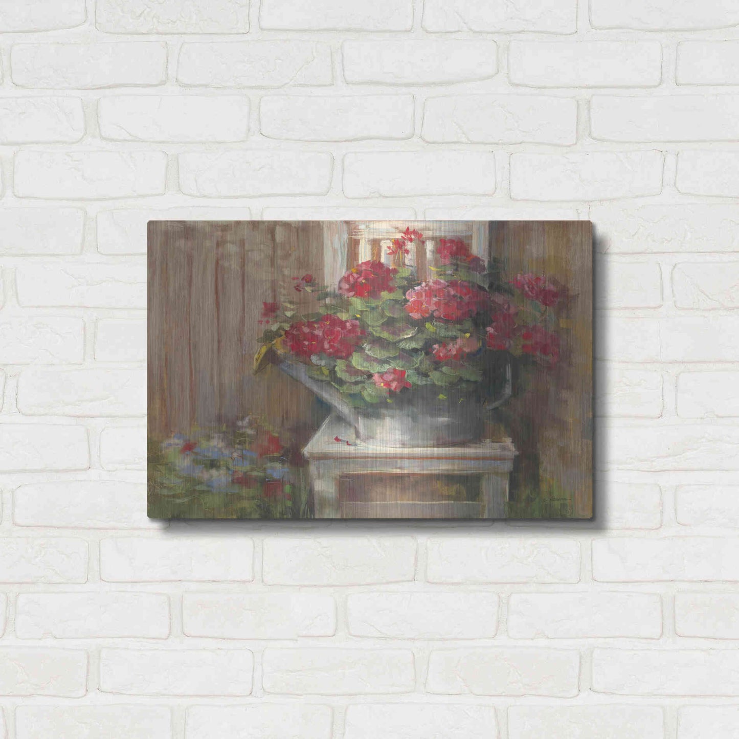 Luxe Metal Art 'Geraniums On Chair' by Carol Rowan, Metal Wall Art,24x16