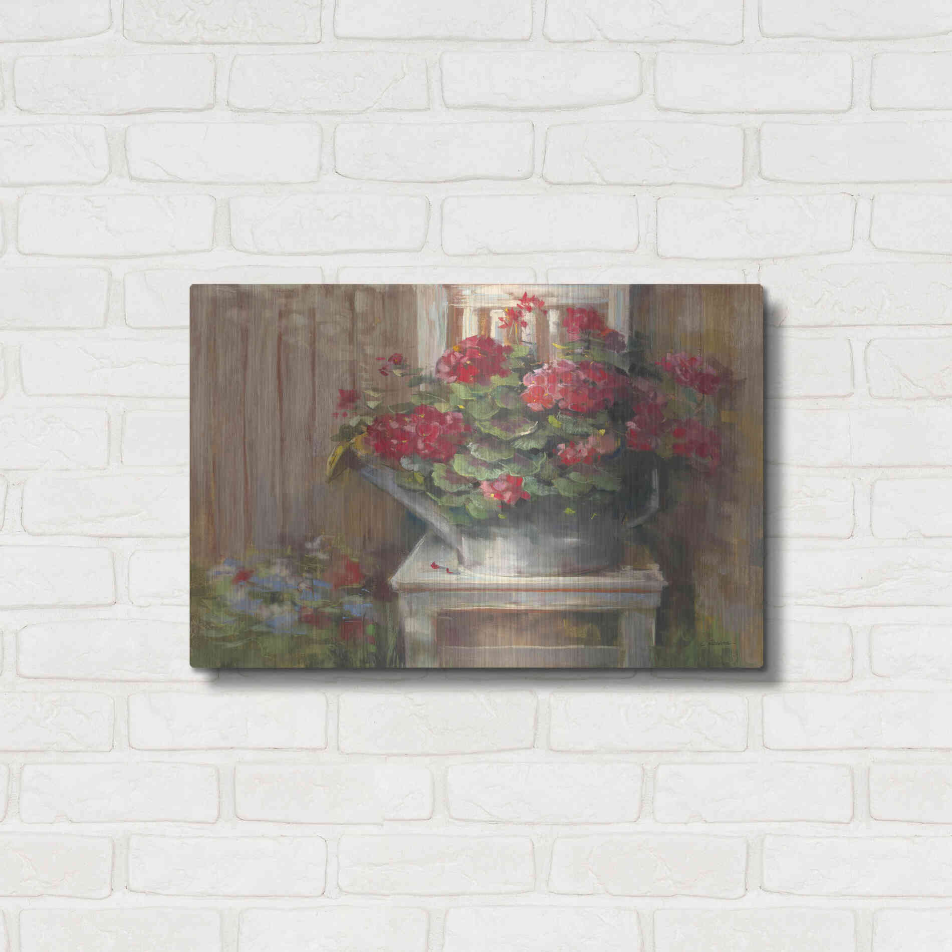 Luxe Metal Art 'Geraniums On Chair' by Carol Rowan, Metal Wall Art,24x16