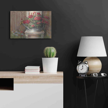 Luxe Metal Art 'Geraniums On Chair' by Carol Rowan, Metal Wall Art,24x16