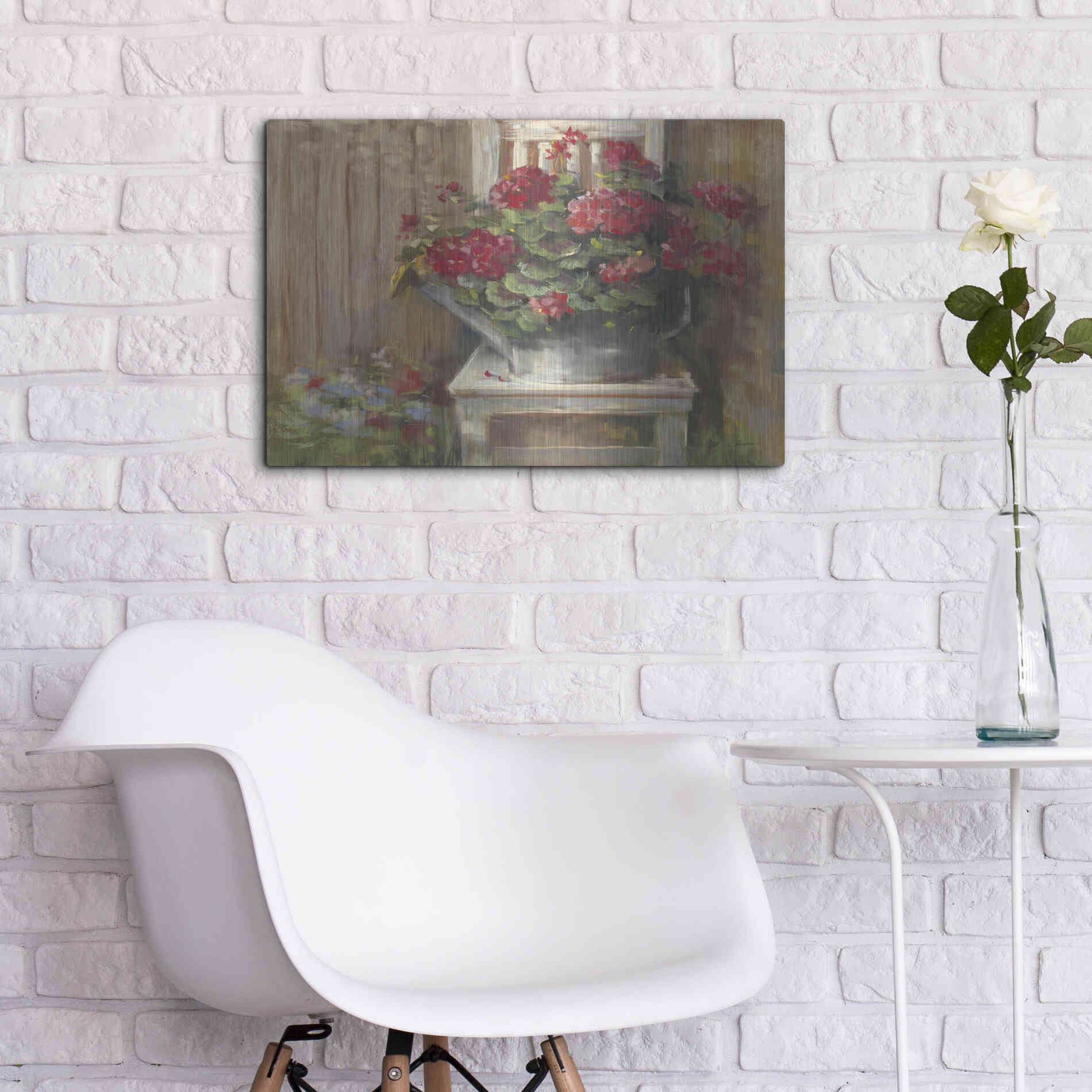 Luxe Metal Art 'Geraniums On Chair' by Carol Rowan, Metal Wall Art,24x16