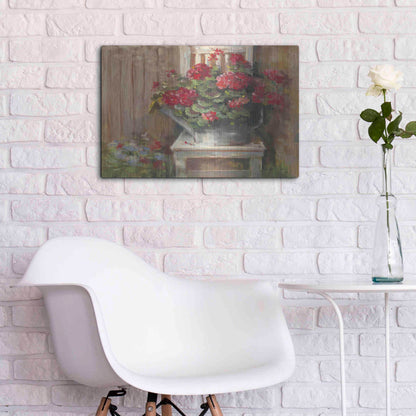 Luxe Metal Art 'Geraniums On Chair' by Carol Rowan, Metal Wall Art,24x16