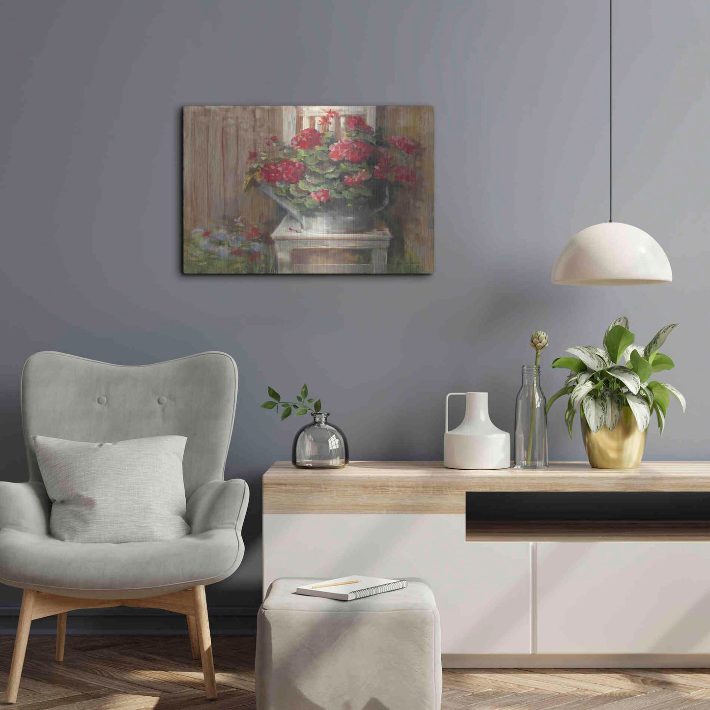 Luxe Metal Art 'Geraniums On Chair' by Carol Rowan, Metal Wall Art,24x16