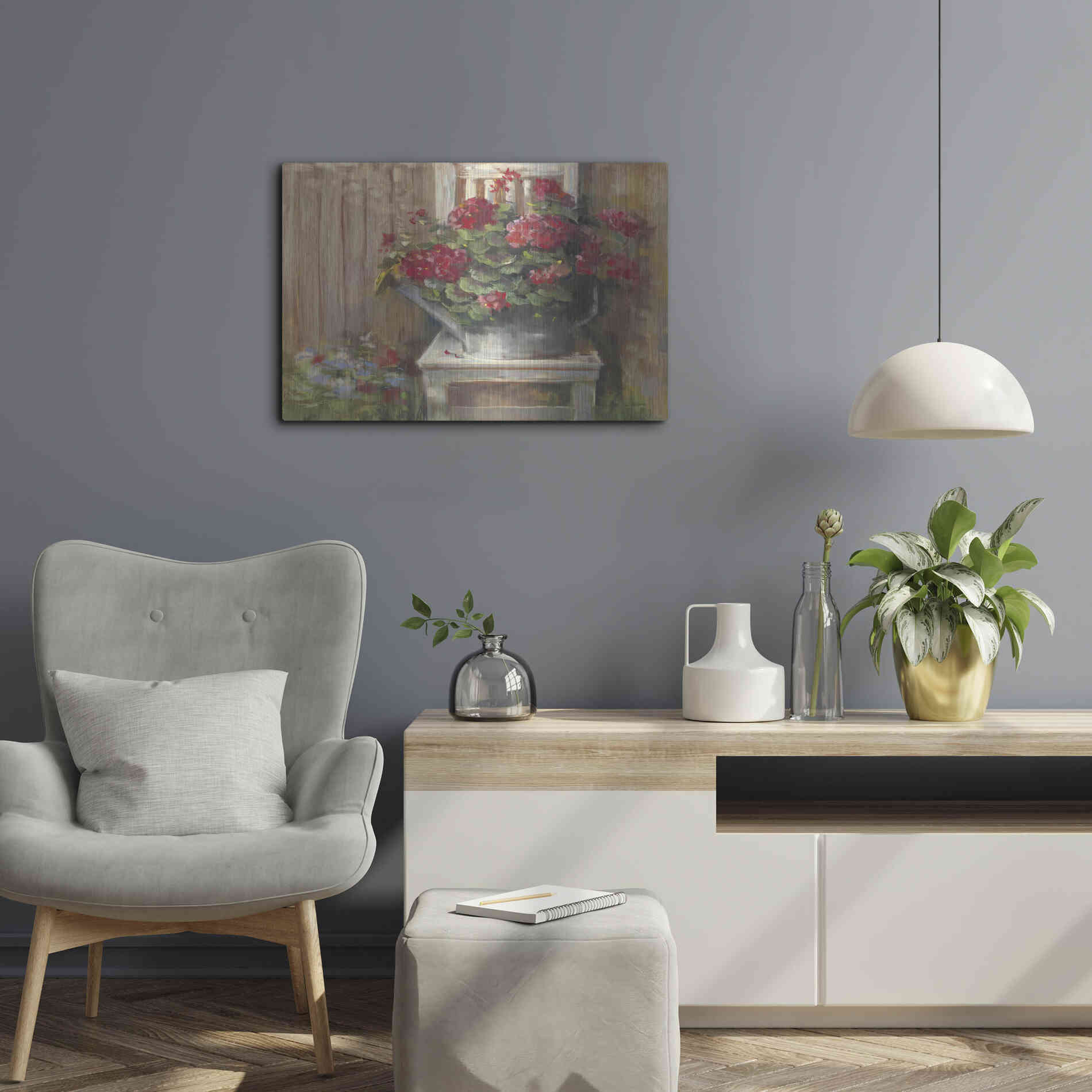 Luxe Metal Art 'Geraniums On Chair' by Carol Rowan, Metal Wall Art,24x16