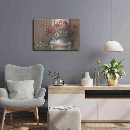 Luxe Metal Art 'Geraniums On Chair' by Carol Rowan, Metal Wall Art,24x16