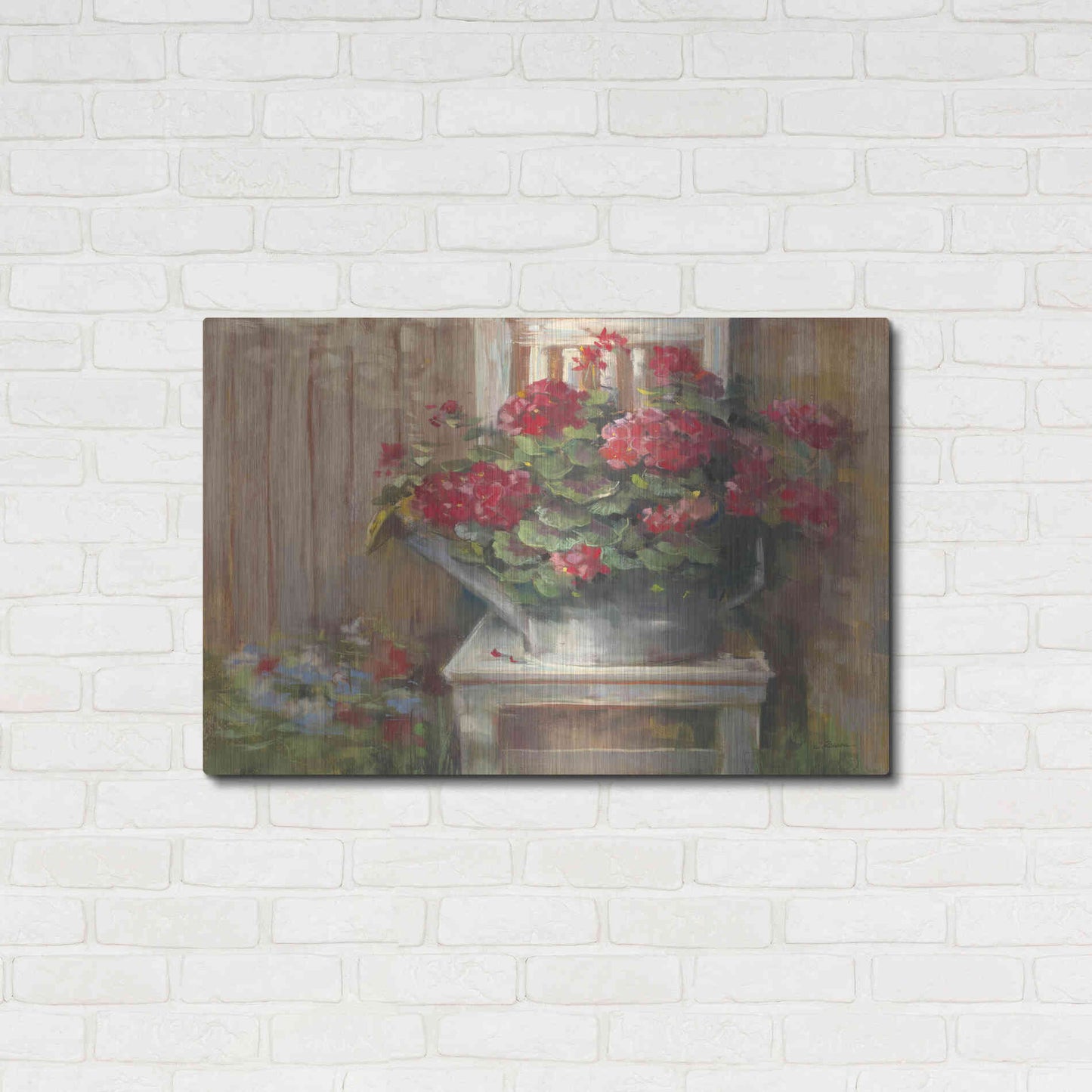 Luxe Metal Art 'Geraniums On Chair' by Carol Rowan, Metal Wall Art,36x24