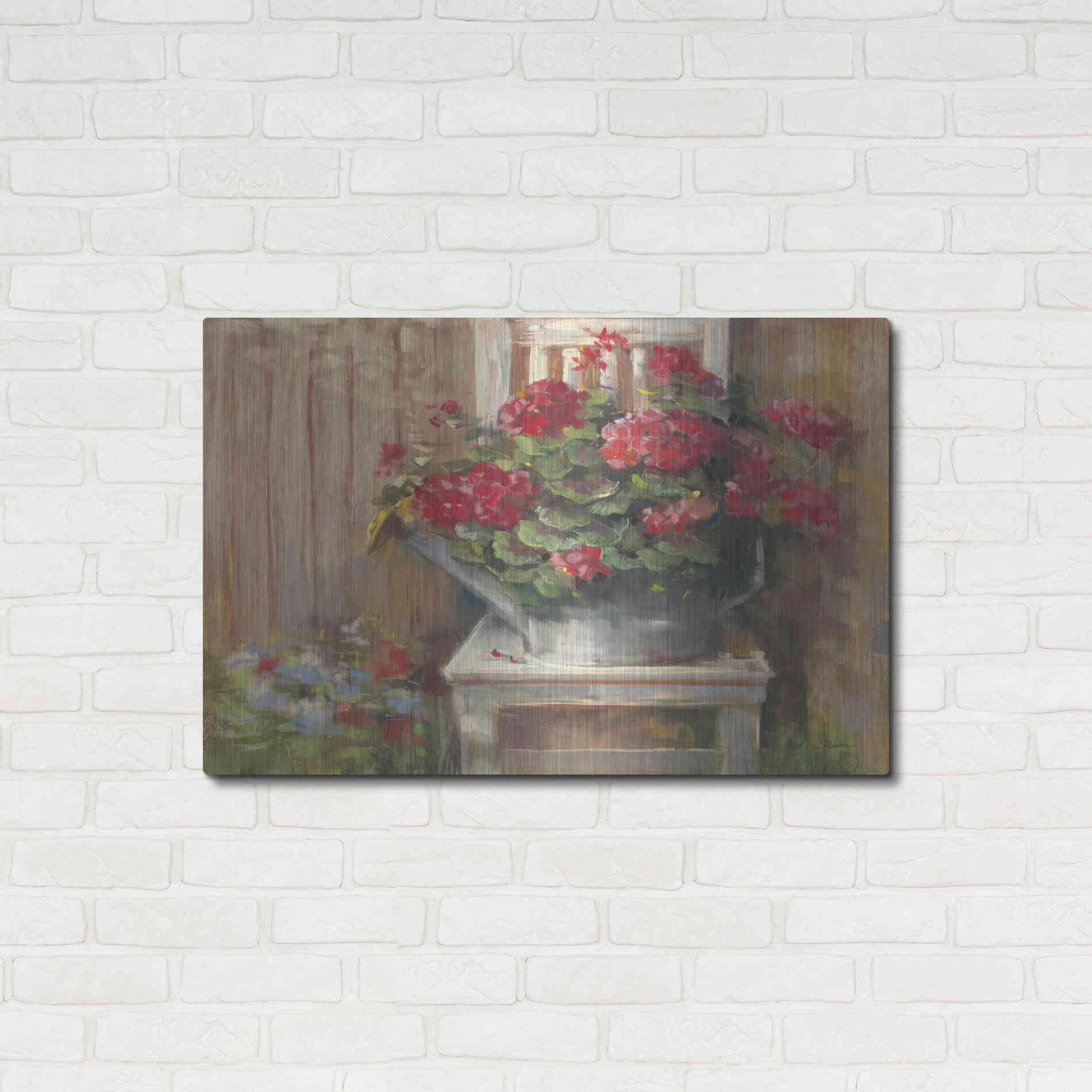 Luxe Metal Art 'Geraniums On Chair' by Carol Rowan, Metal Wall Art,36x24