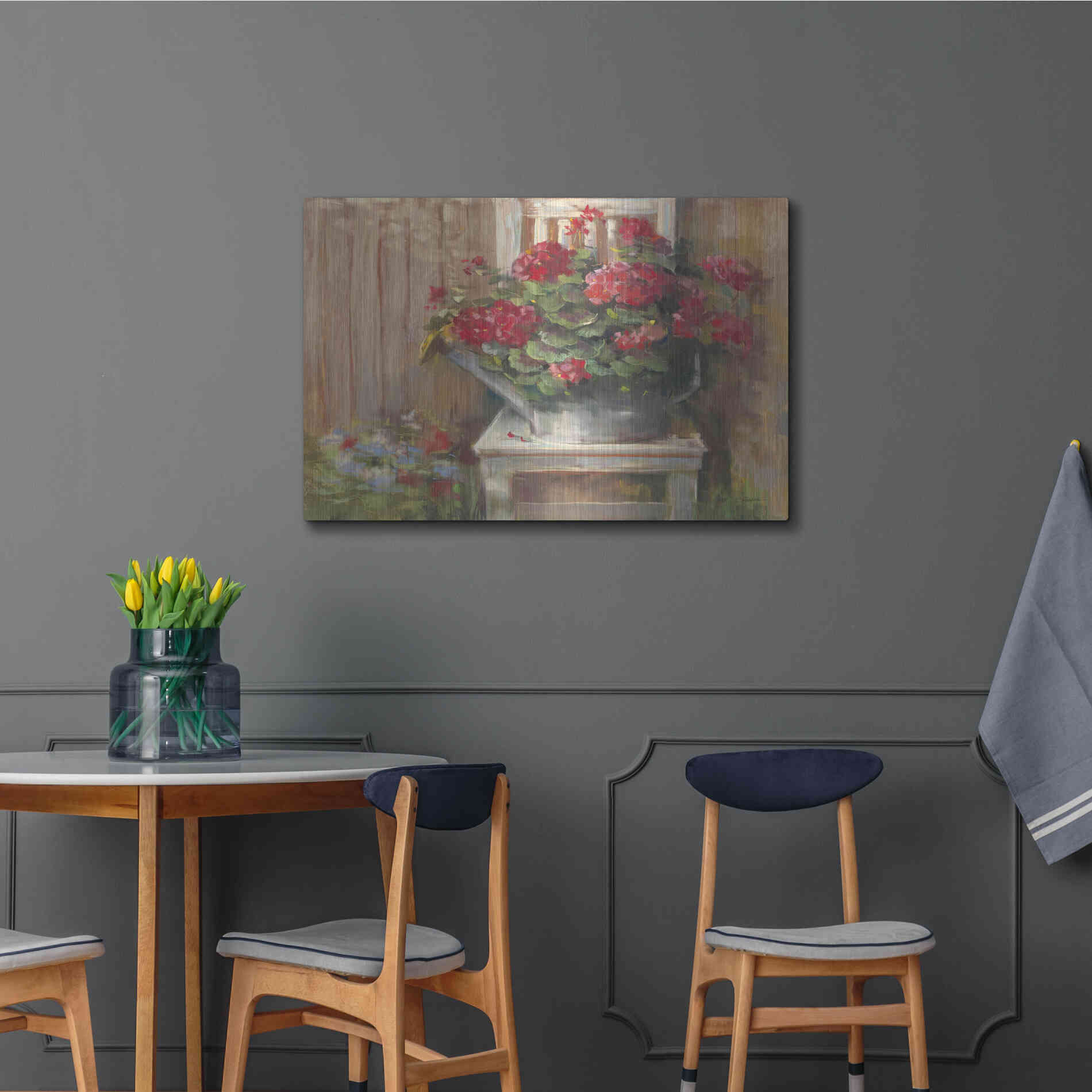 Luxe Metal Art 'Geraniums On Chair' by Carol Rowan, Metal Wall Art,36x24