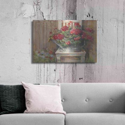 Luxe Metal Art 'Geraniums On Chair' by Carol Rowan, Metal Wall Art,36x24