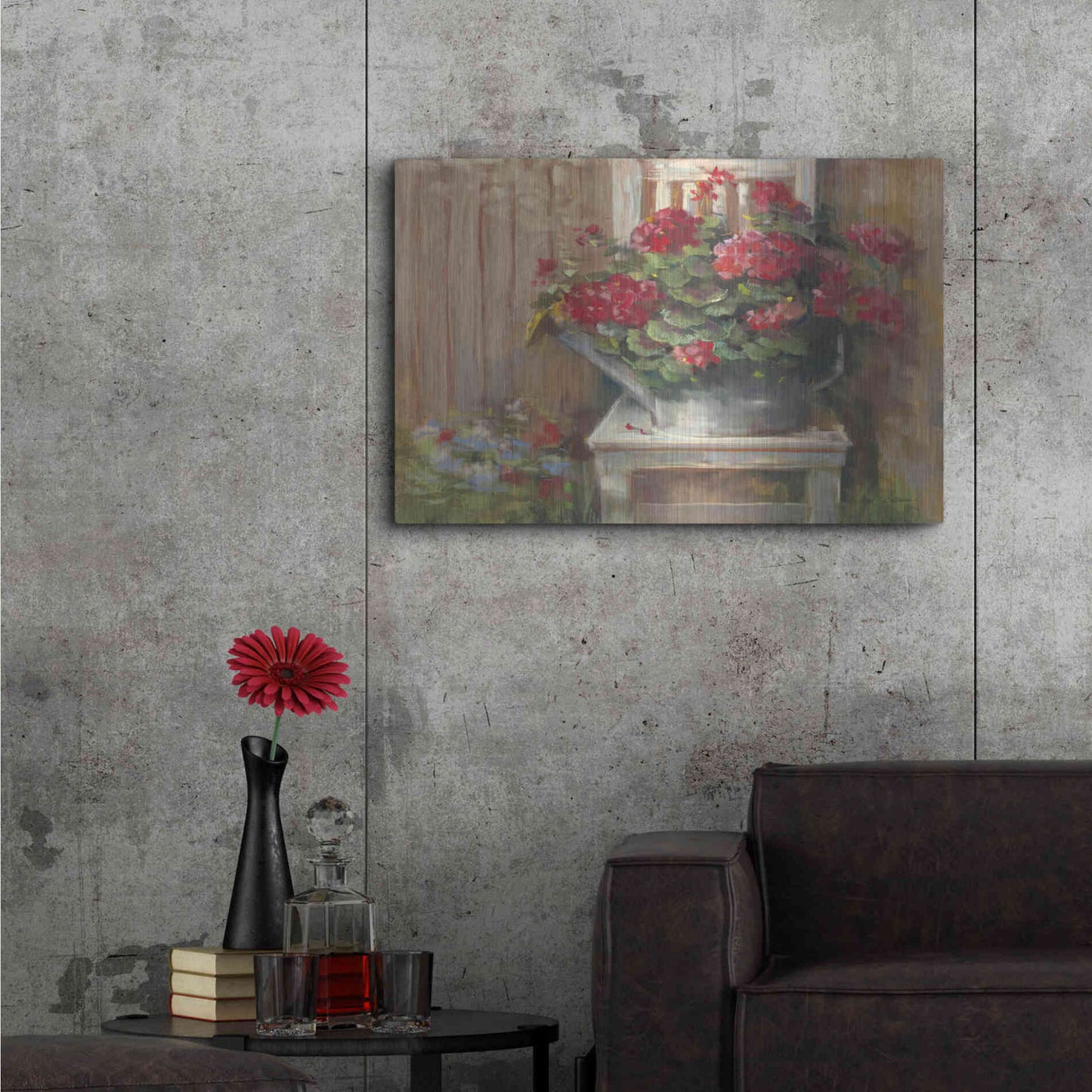 Luxe Metal Art 'Geraniums On Chair' by Carol Rowan, Metal Wall Art,36x24