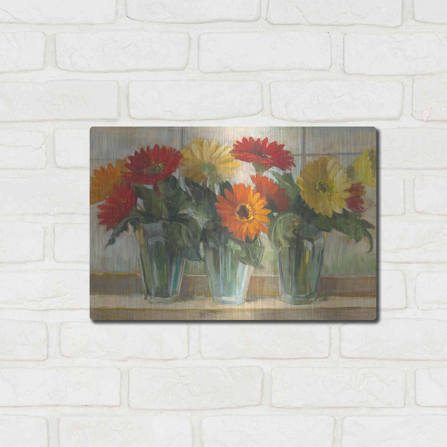 Luxe Metal Art 'Gerberas In Glass Vases' by Carol Rowan, Metal Wall Art,16x12