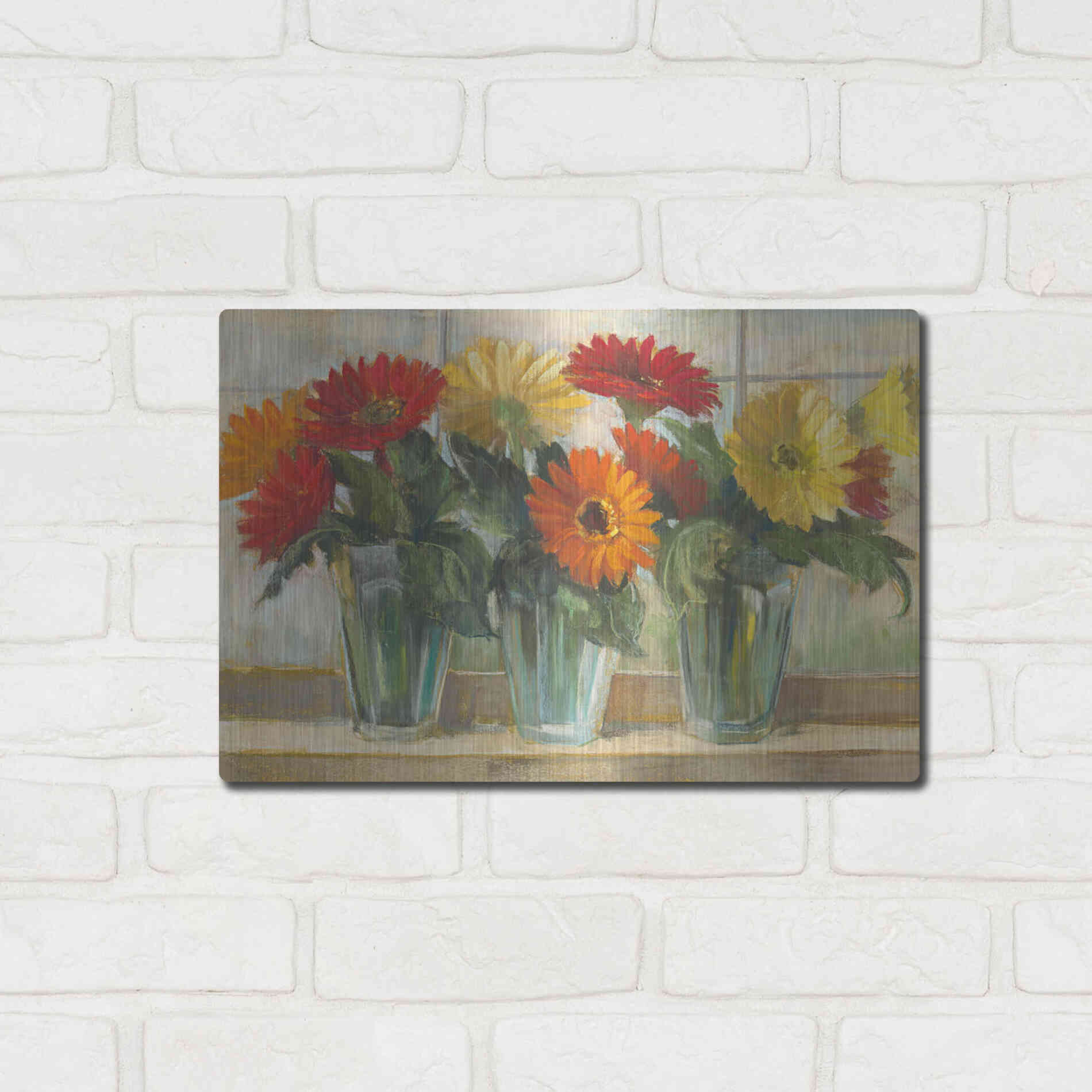 Luxe Metal Art 'Gerberas In Glass Vases' by Carol Rowan, Metal Wall Art,16x12