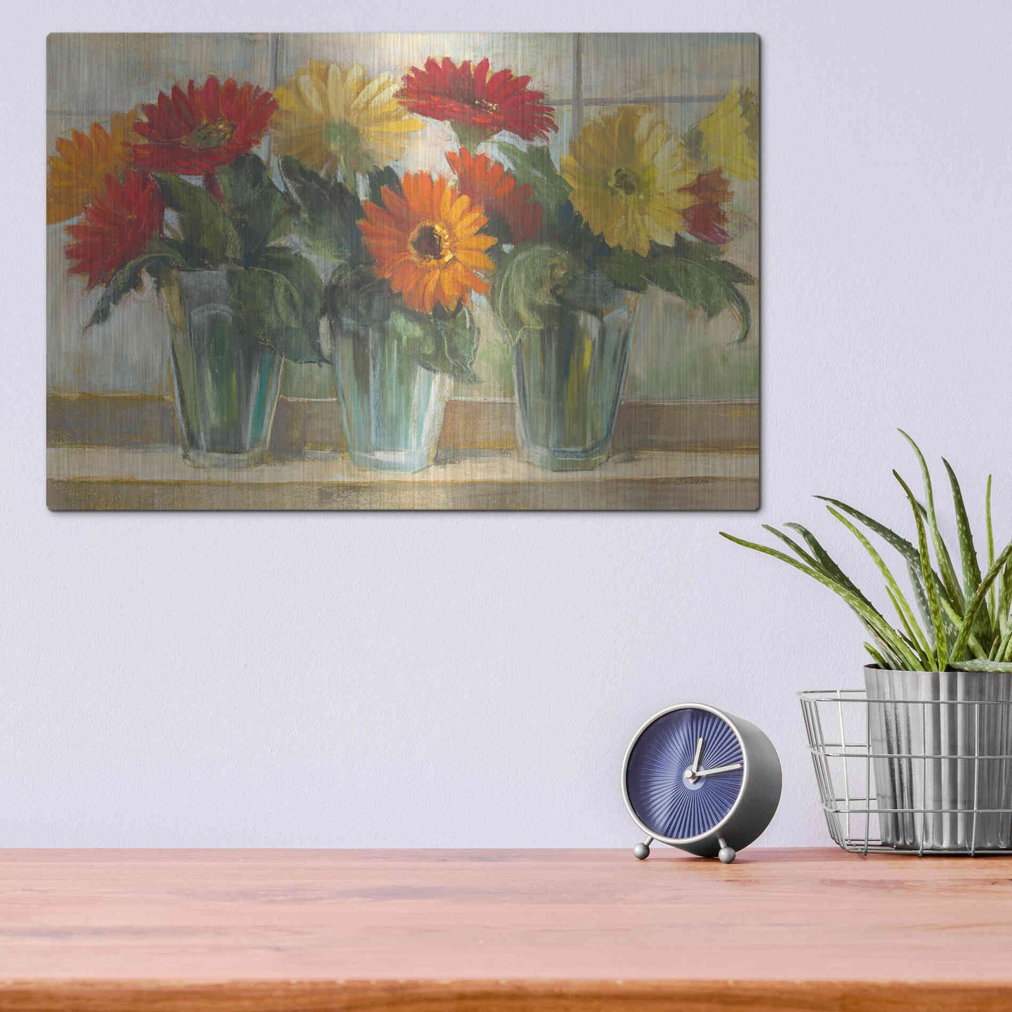 Luxe Metal Art 'Gerberas In Glass Vases' by Carol Rowan, Metal Wall Art,16x12
