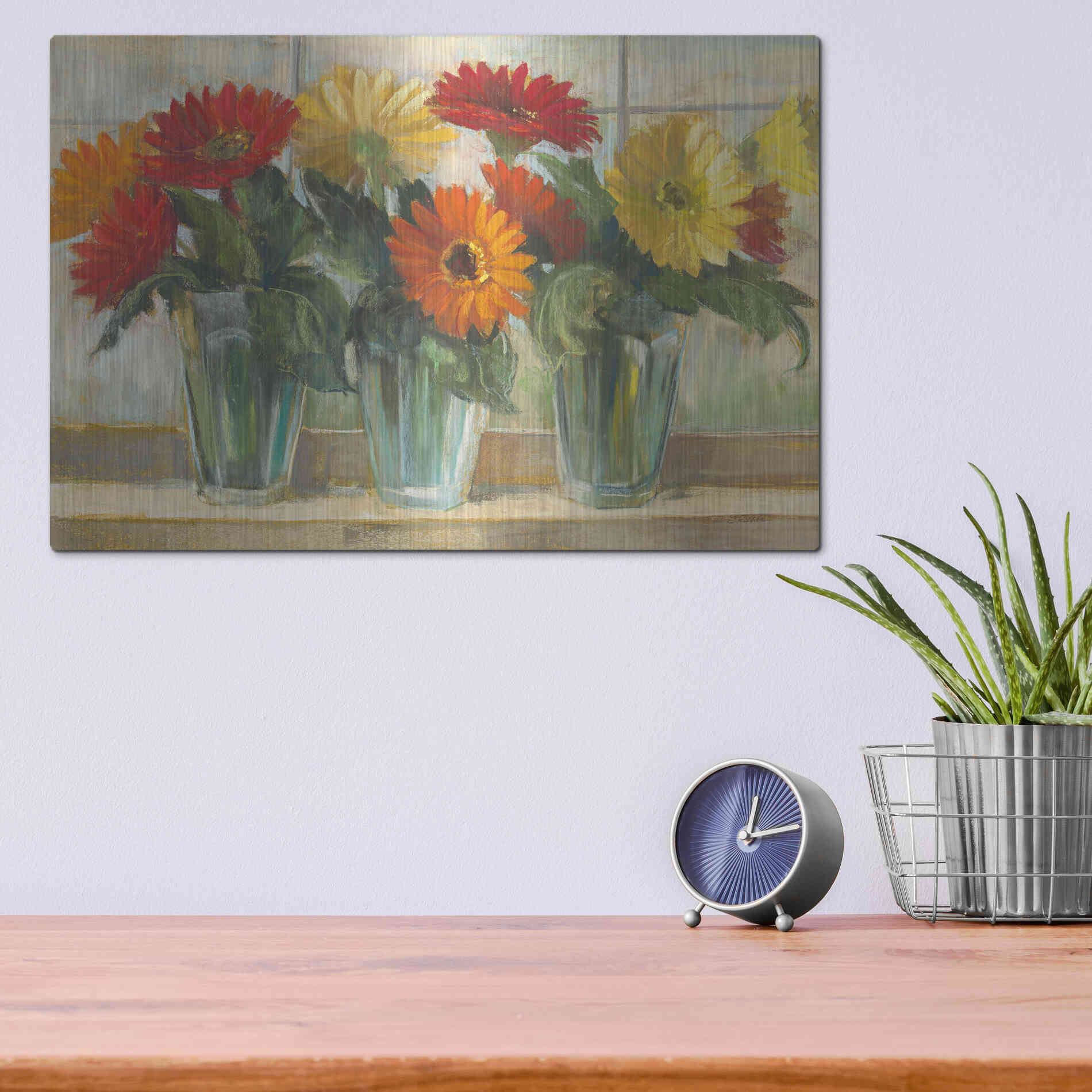 Luxe Metal Art 'Gerberas In Glass Vases' by Carol Rowan, Metal Wall Art,16x12