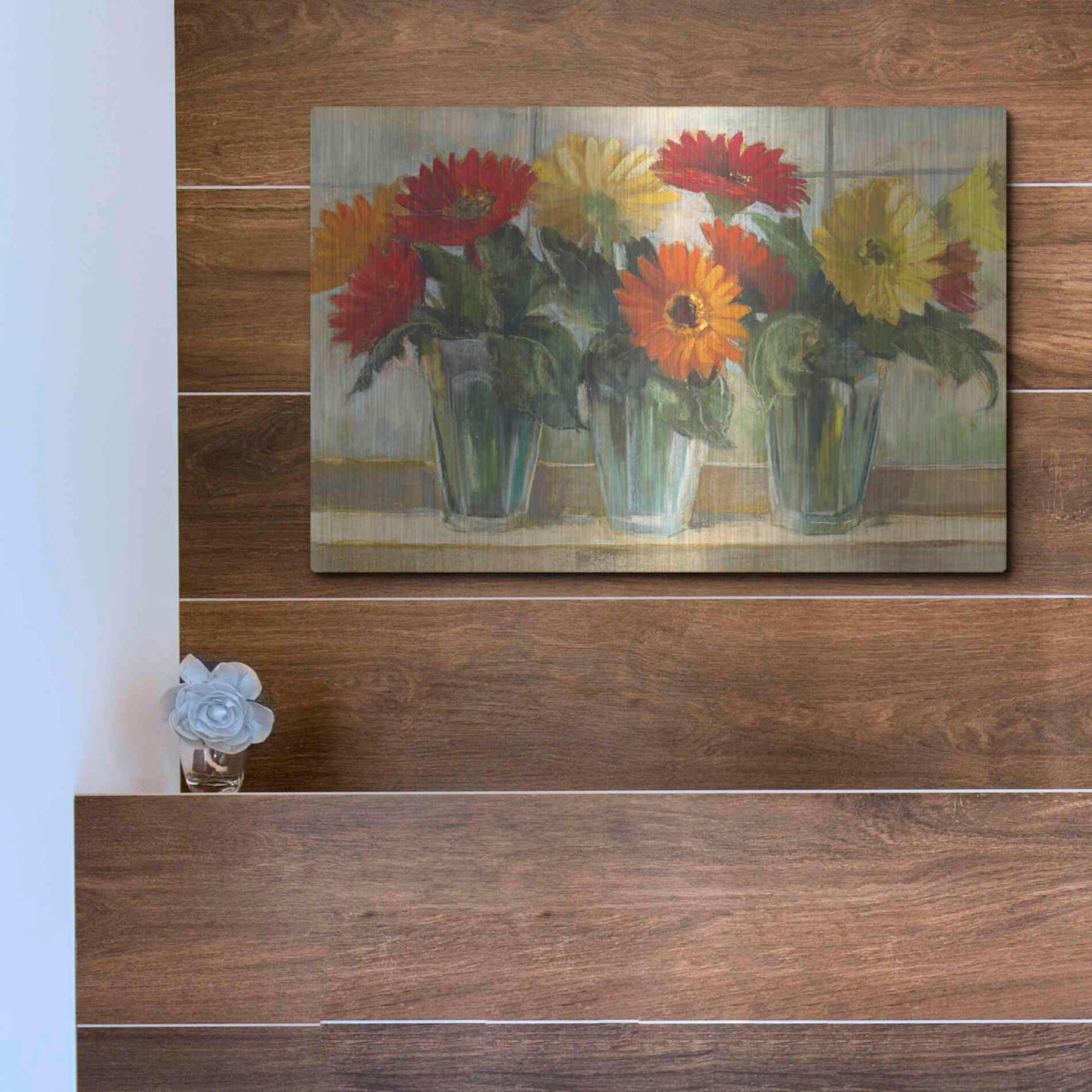 Luxe Metal Art 'Gerberas In Glass Vases' by Carol Rowan, Metal Wall Art,16x12