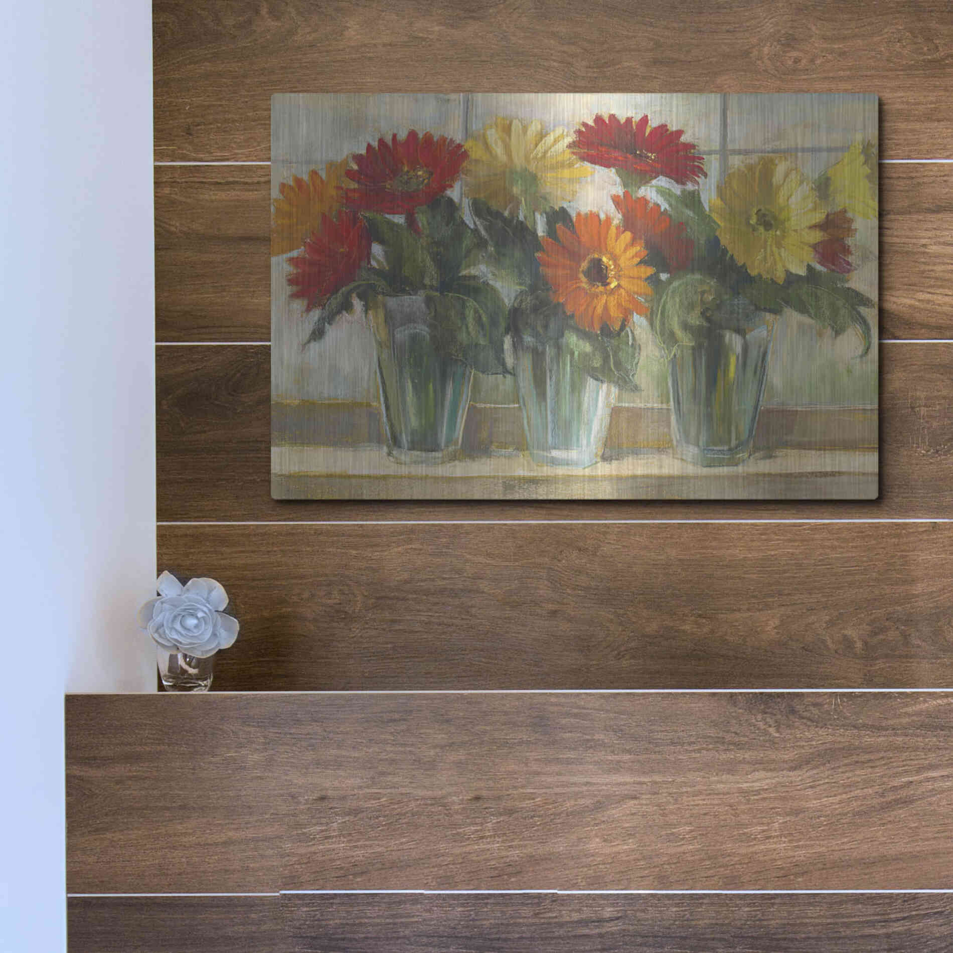 Luxe Metal Art 'Gerberas In Glass Vases' by Carol Rowan, Metal Wall Art,16x12