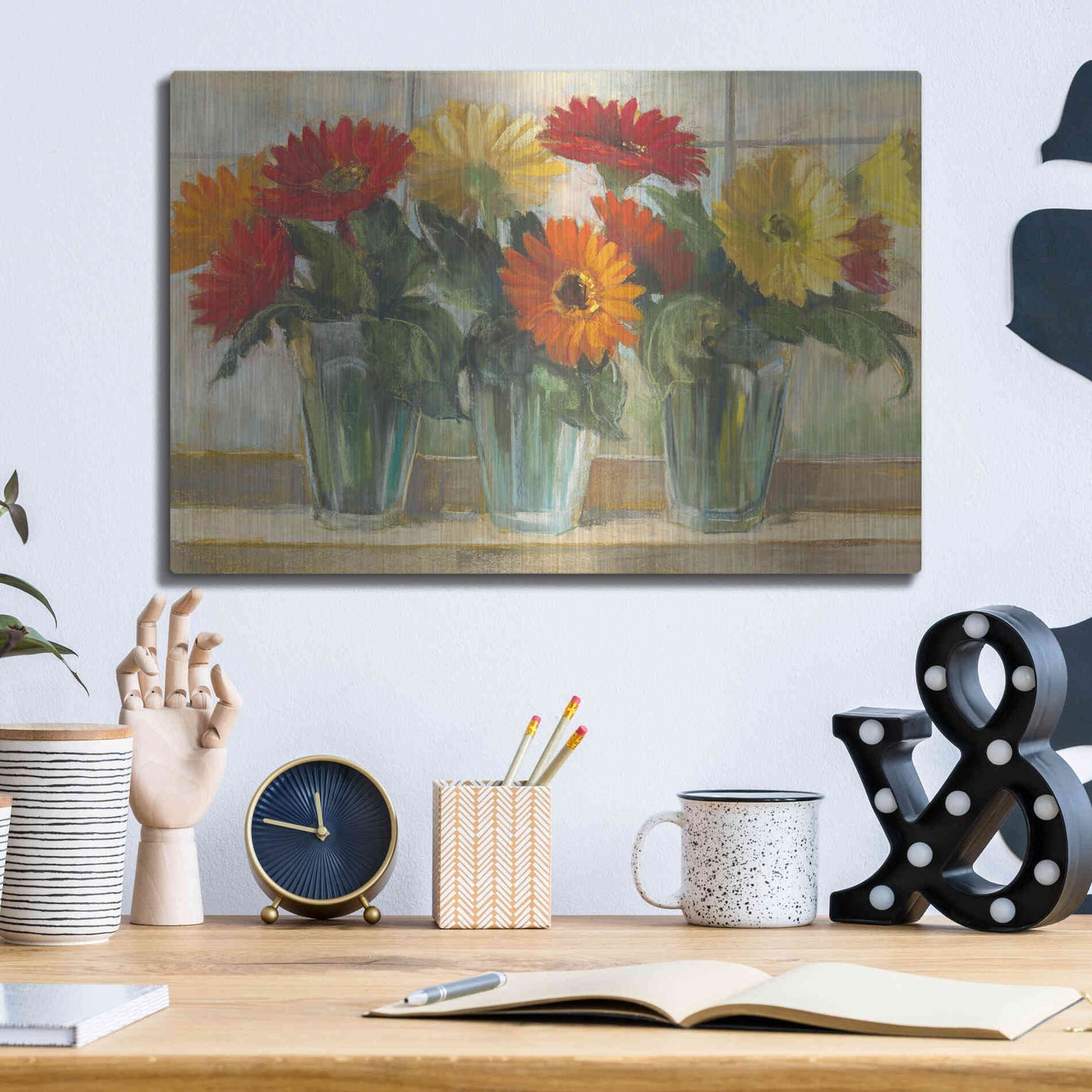 Luxe Metal Art 'Gerberas In Glass Vases' by Carol Rowan, Metal Wall Art,16x12