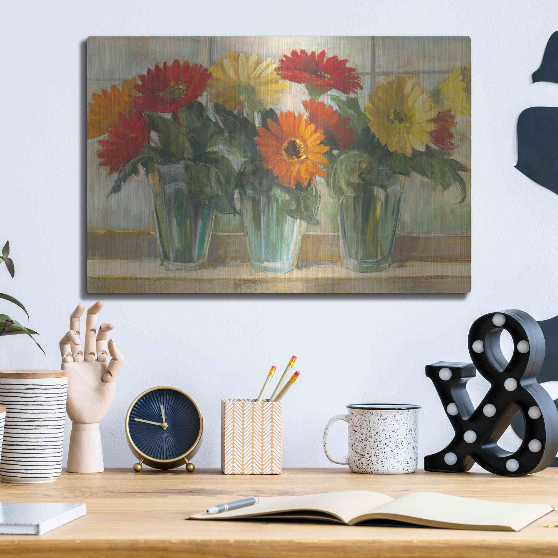 Luxe Metal Art 'Gerberas In Glass Vases' by Carol Rowan, Metal Wall Art,16x12