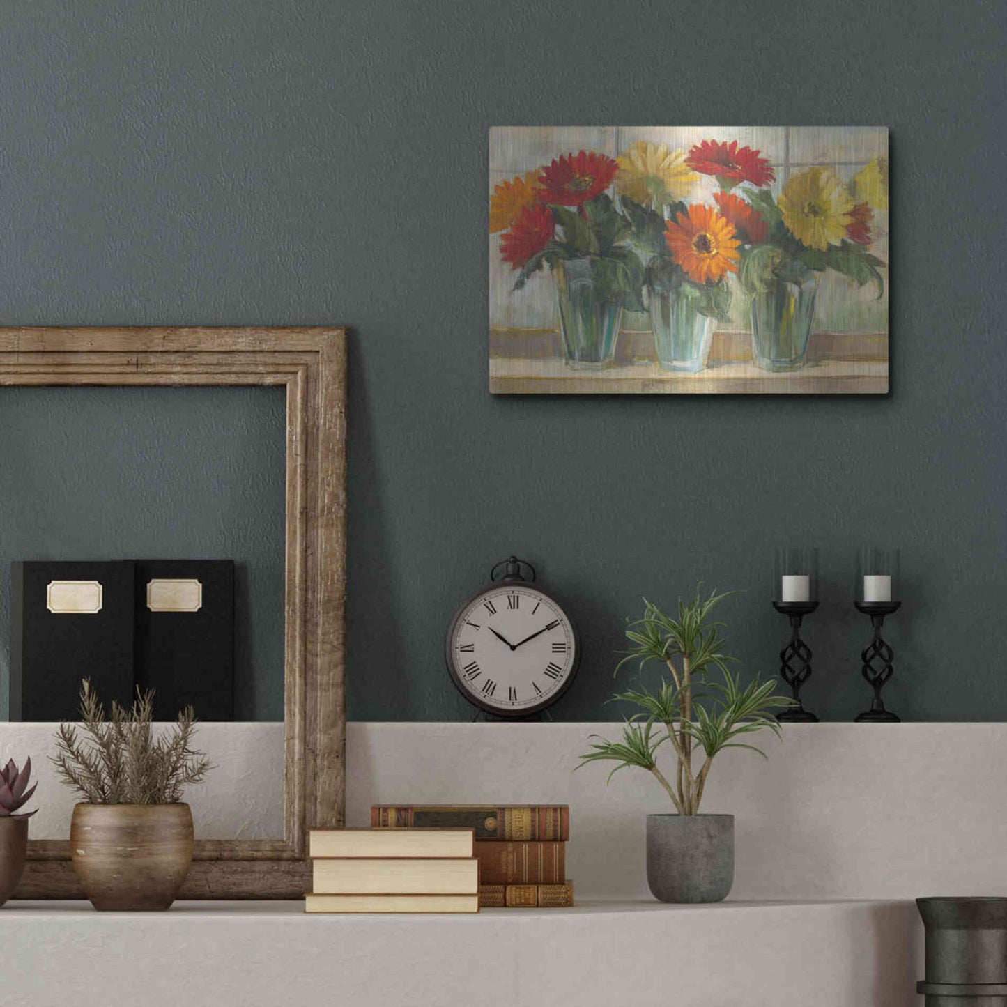 Luxe Metal Art 'Gerberas In Glass Vases' by Carol Rowan, Metal Wall Art,16x12