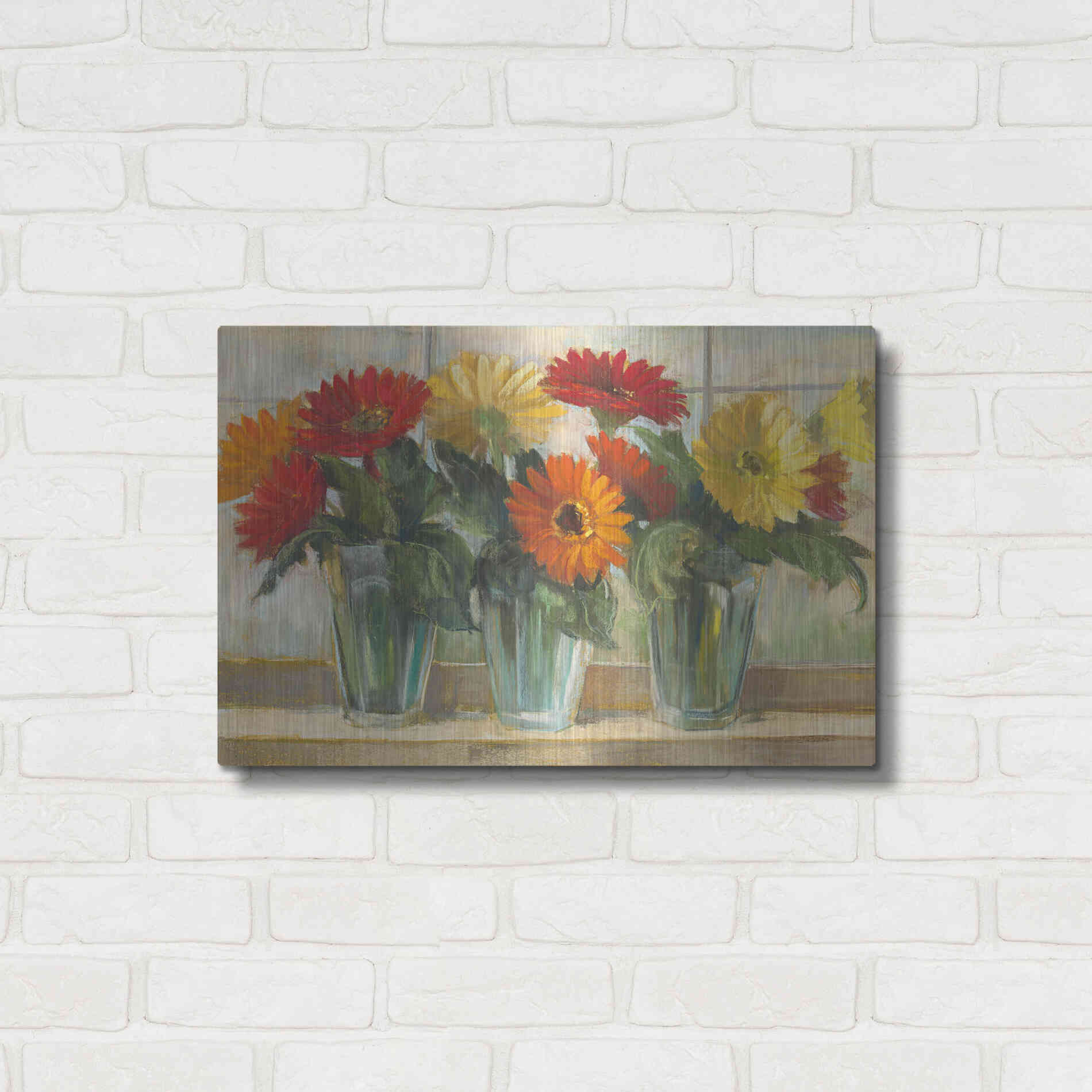 Luxe Metal Art 'Gerberas In Glass Vases' by Carol Rowan, Metal Wall Art,24x16