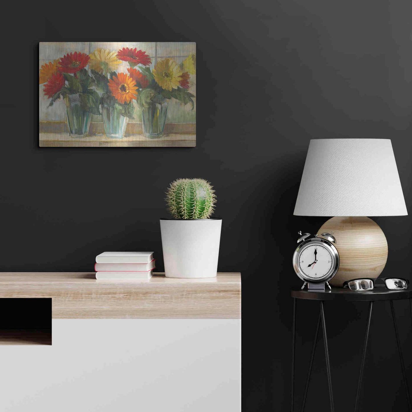Luxe Metal Art 'Gerberas In Glass Vases' by Carol Rowan, Metal Wall Art,24x16