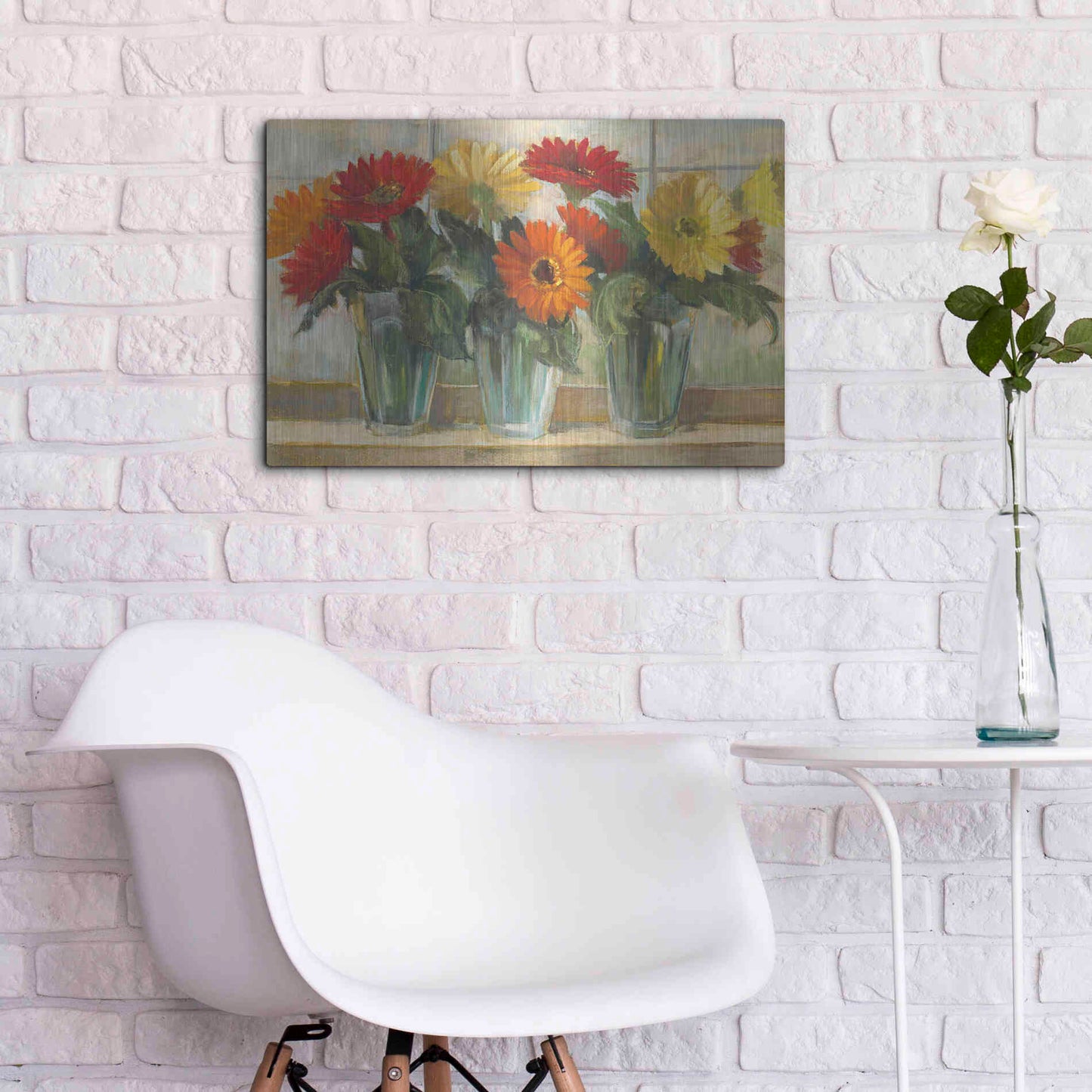 Luxe Metal Art 'Gerberas In Glass Vases' by Carol Rowan, Metal Wall Art,24x16