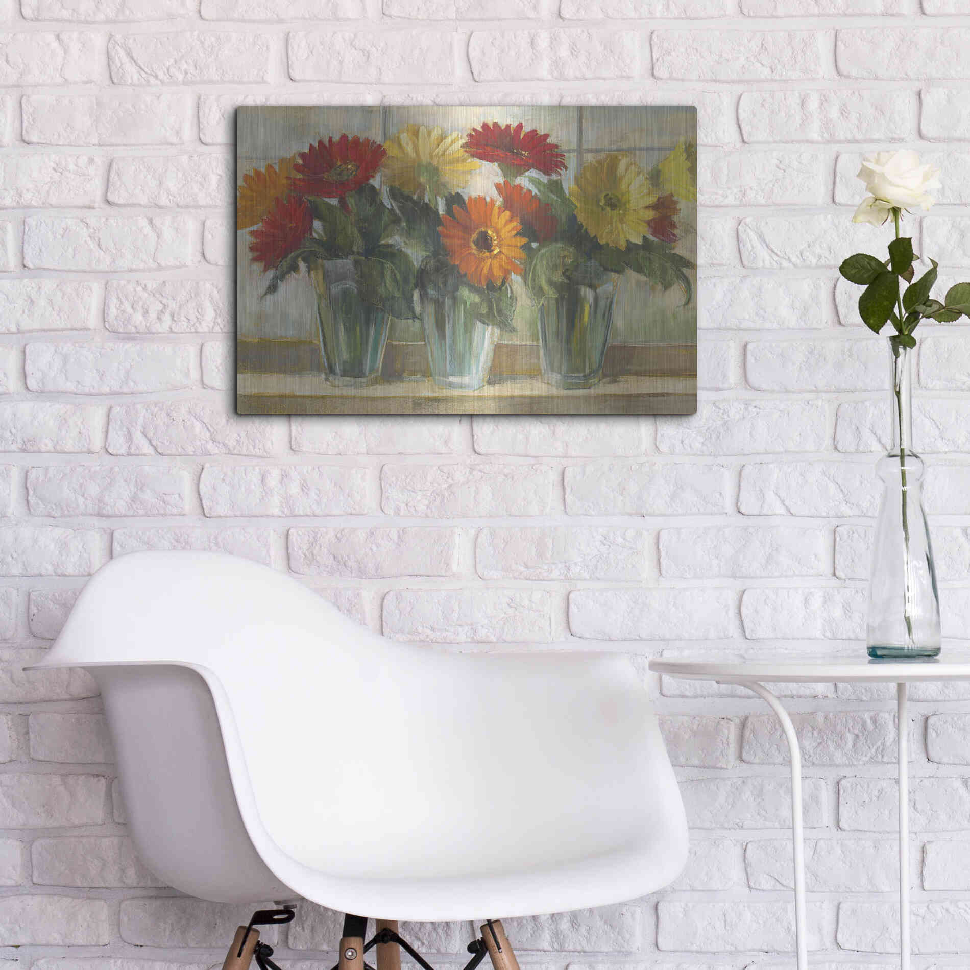 Luxe Metal Art 'Gerberas In Glass Vases' by Carol Rowan, Metal Wall Art,24x16