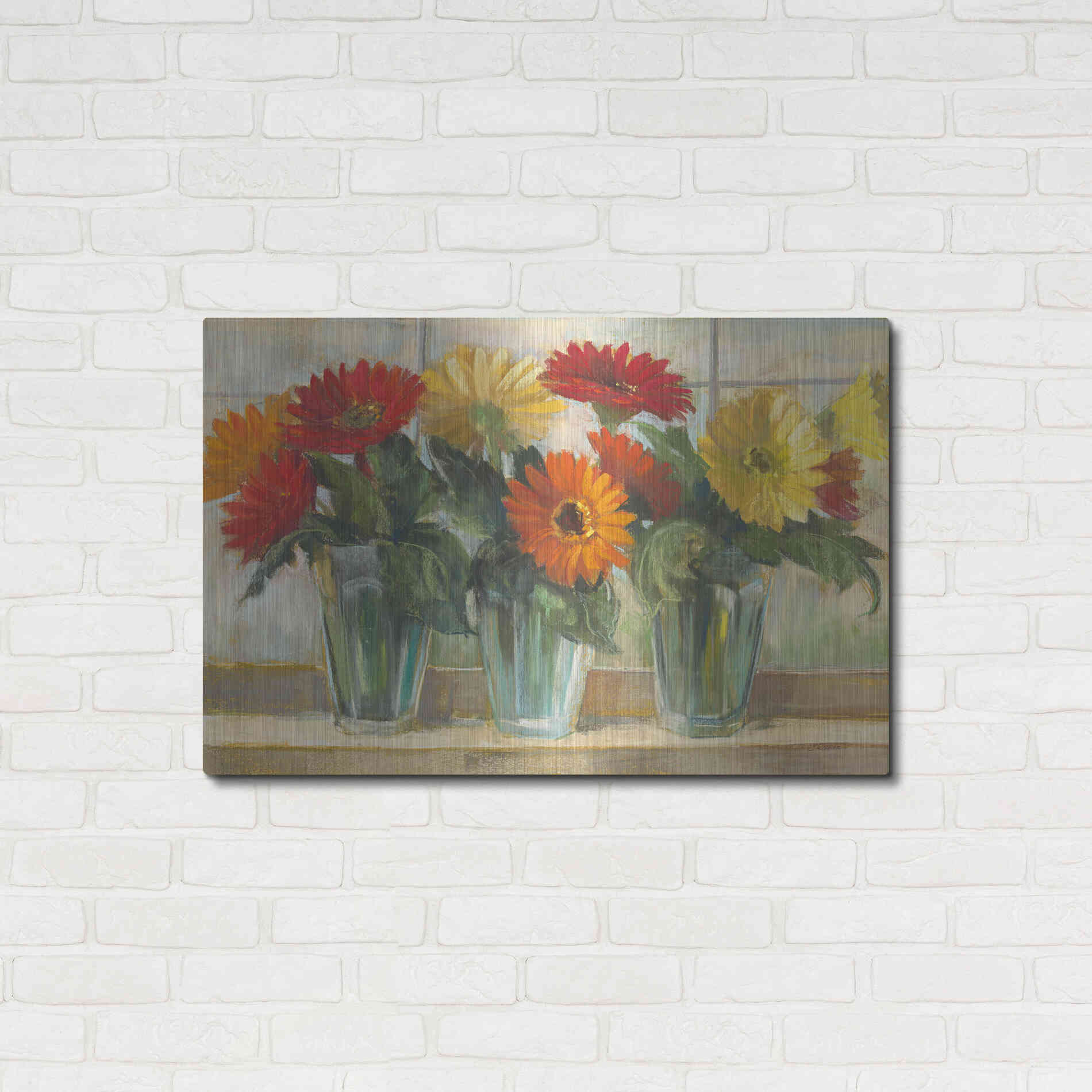 Luxe Metal Art 'Gerberas In Glass Vases' by Carol Rowan, Metal Wall Art,36x24