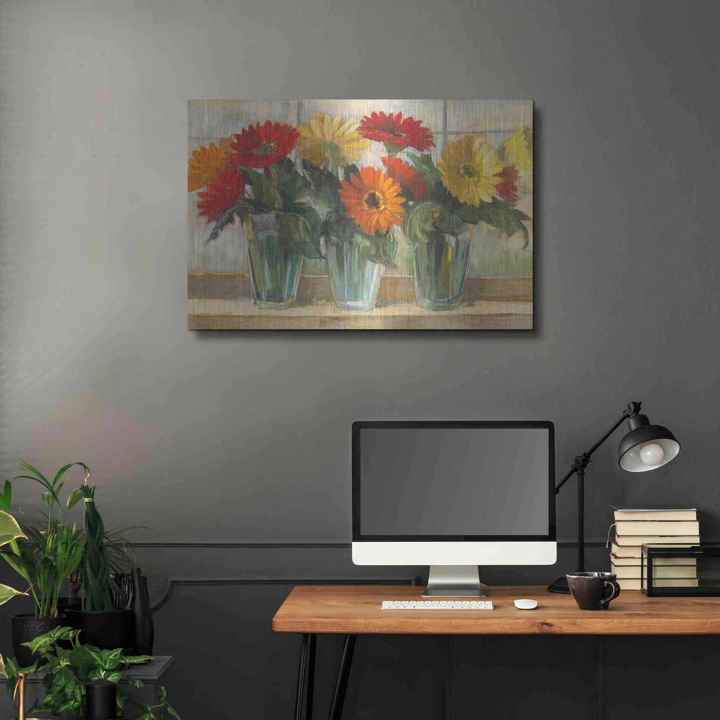 Luxe Metal Art 'Gerberas In Glass Vases' by Carol Rowan, Metal Wall Art,36x24